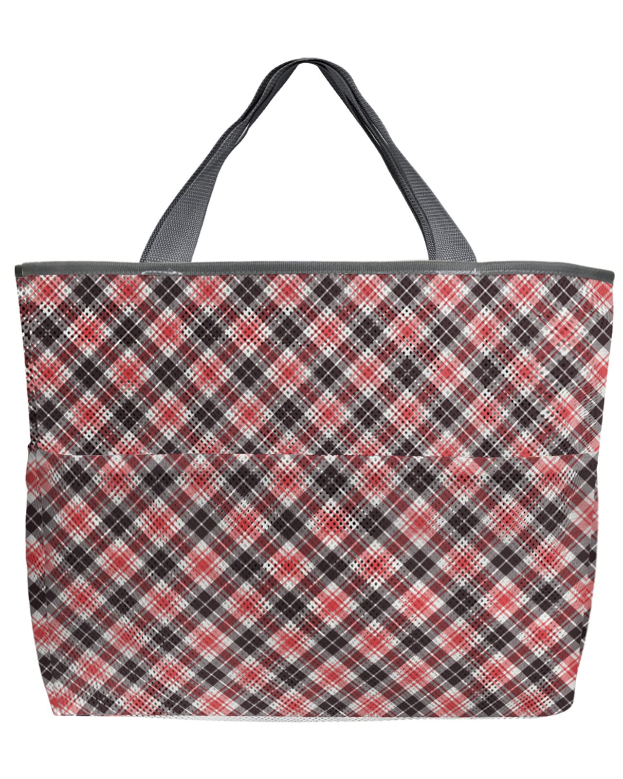 Large 60L Mesh Beach Tote Bag - Red & Black Striped Rustic Design with Pockets | Quick-Dry Foldable Swim Bag for Pool, Grocery Shopping & Travel | 24x16x9 Inches Oversized Check Plaid Storage Tote