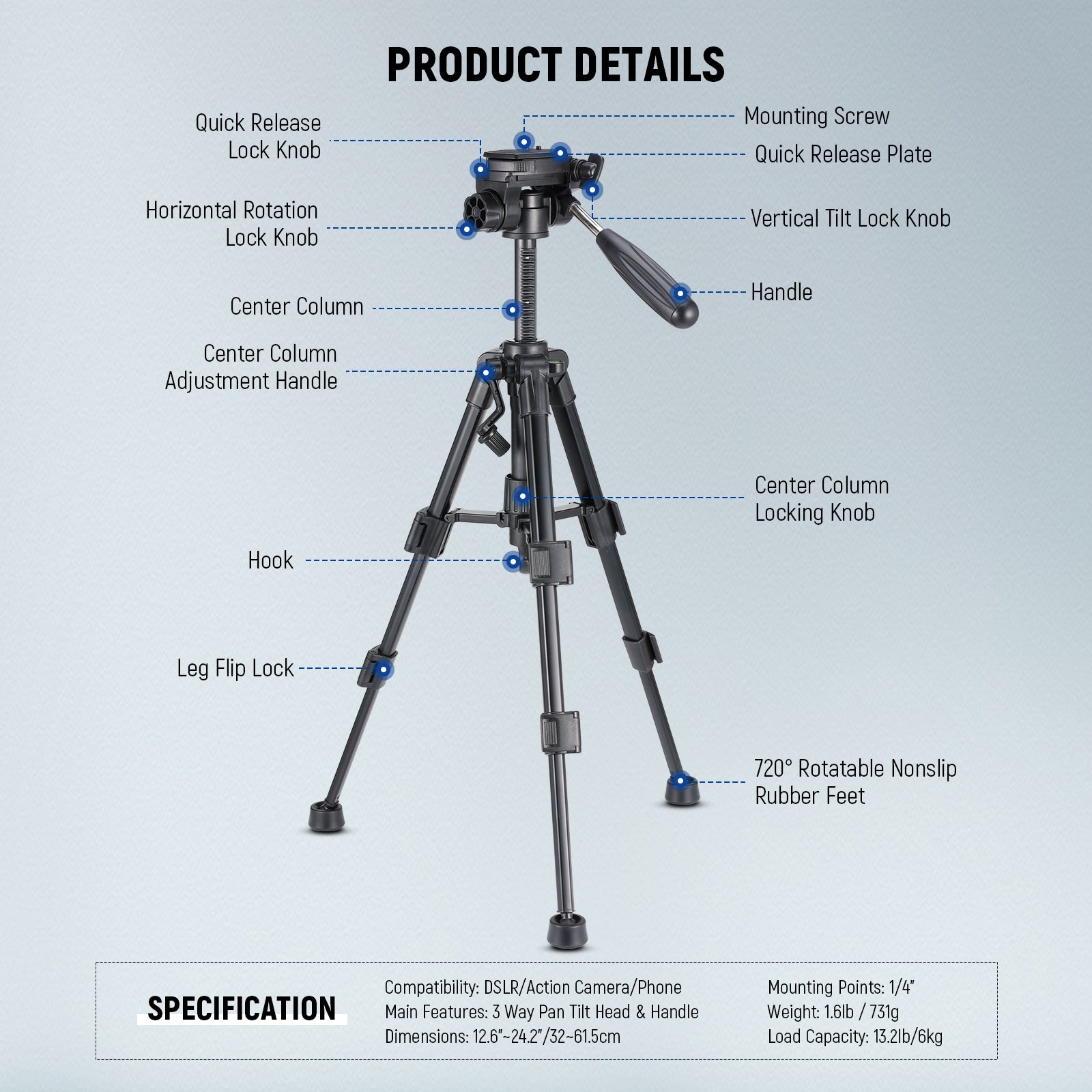 NEEWER BASICS TP02 Compact Desktop Tripod Stand for Smartphones, DSLR Cameras & Action Cameras - Perfect for Vlogging, Live Streaming & Photography at Home or Office
