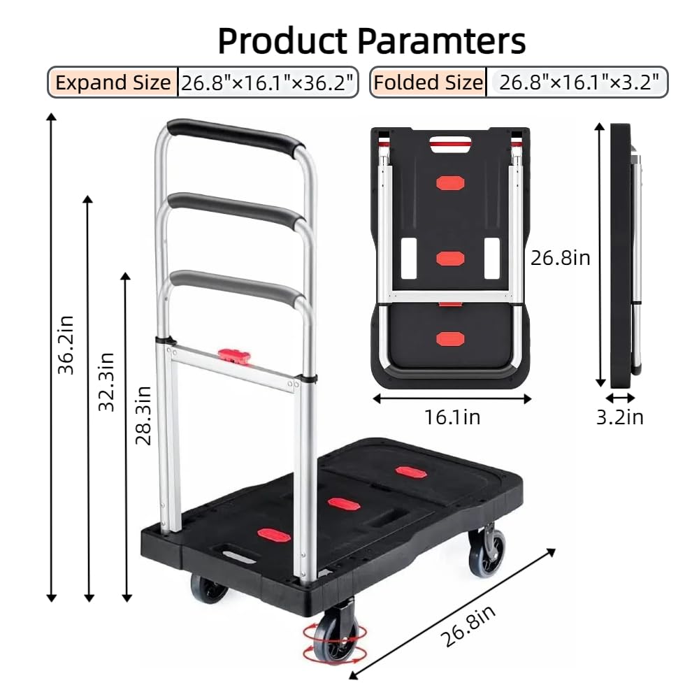 Heavy Duty Folding Hand Truck - 330 Lbs Capacity Adjustable Handle Luggage Cart | Portable Utility Dolly for Moving, Shopping, Travel & Office Use | Perfect for Home, Warehouse & Commercial Transport