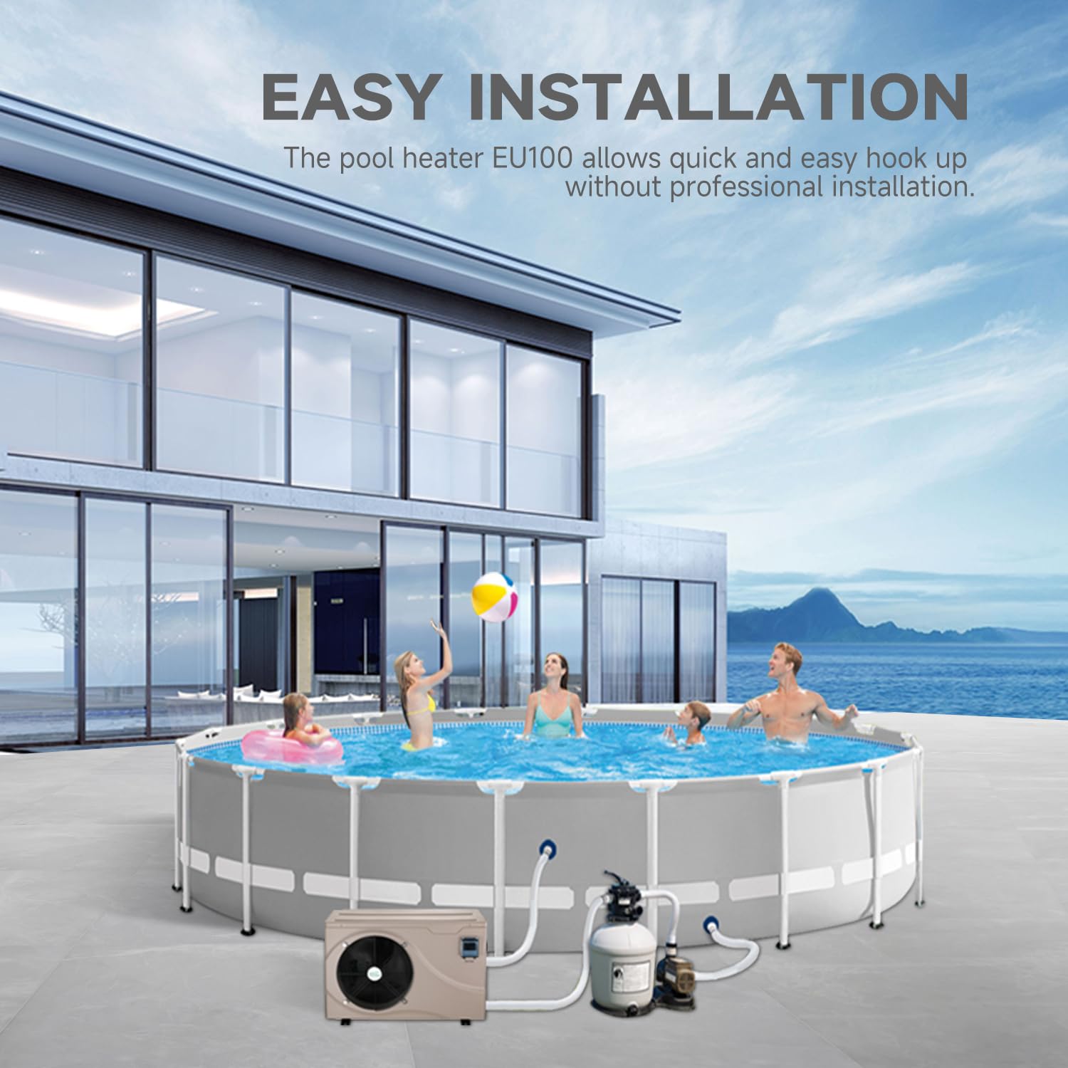 Energy Efficient 38,864BTU Swimming Pool Heat Pump for Inground & Above Ground Pools (Up to 10,000 Gallons) - 208V~230V/60Hz Inverter Technology - Perfect for Year-Round Swimming & Spa Relaxation