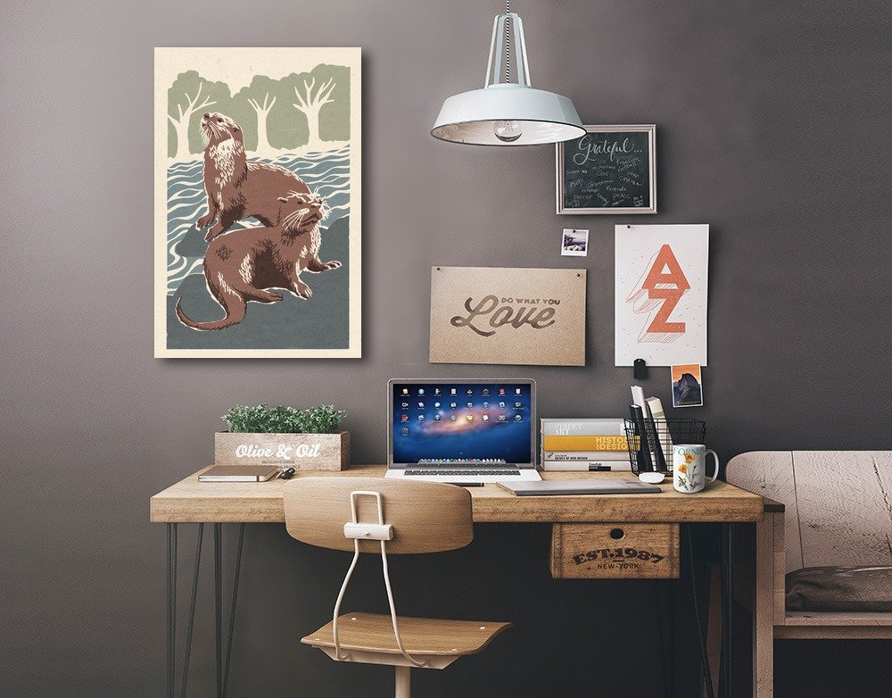 Lantern Press River Otters Woodblock Print - 16x24 Wrapped Canvas Wall Art for Living Room, Bedroom & Office Decor - Nature Inspired Wildlife Home Decoration