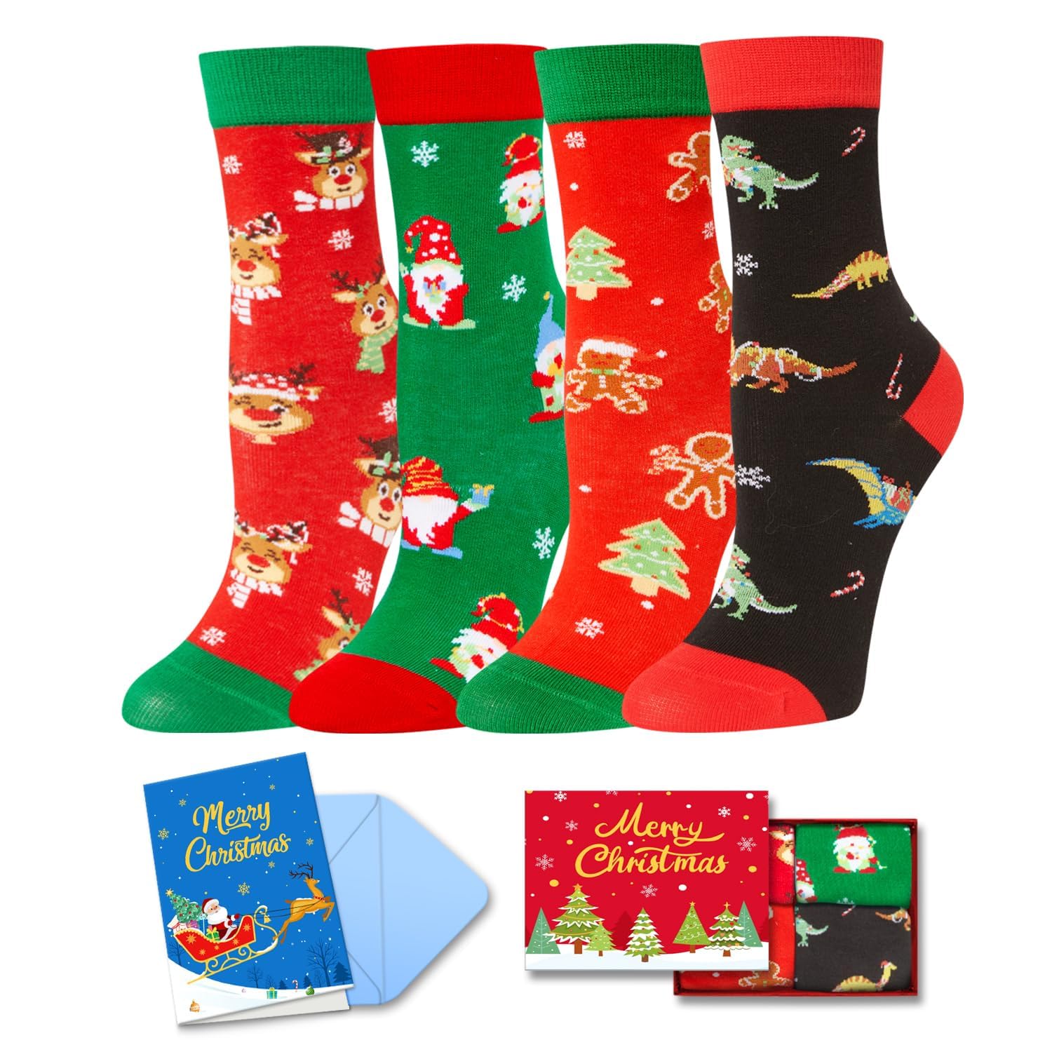 HappyPop Christmas Stocking Socks for Boys & Girls - 4 Pack Festive Gnome & Reindeer Socks with Greeting Card | Holiday Gift, Winter Party Outfit, Cozy Home Decor