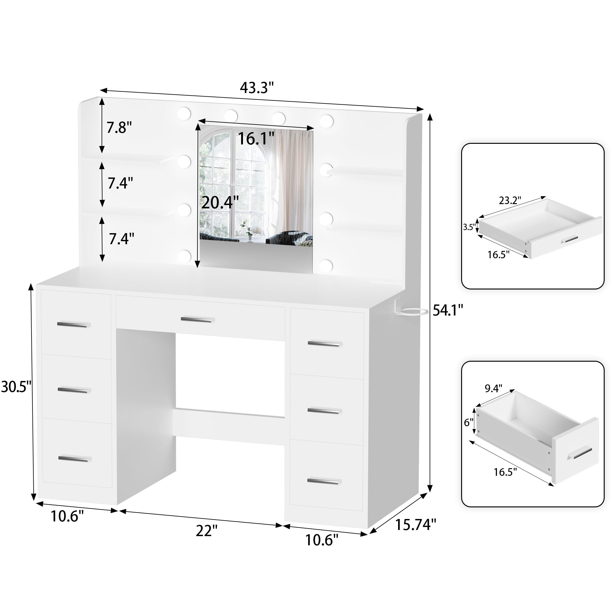 YESHOMY Vanity Desk with LED Lights & Power Outlet - 7-Drawer Makeup Dressing Table with Adjustable Mirror - 3 Color Lighting Modes (Pure White) for Bedroom, Home Beauty Station & Hollywood Glam Setup