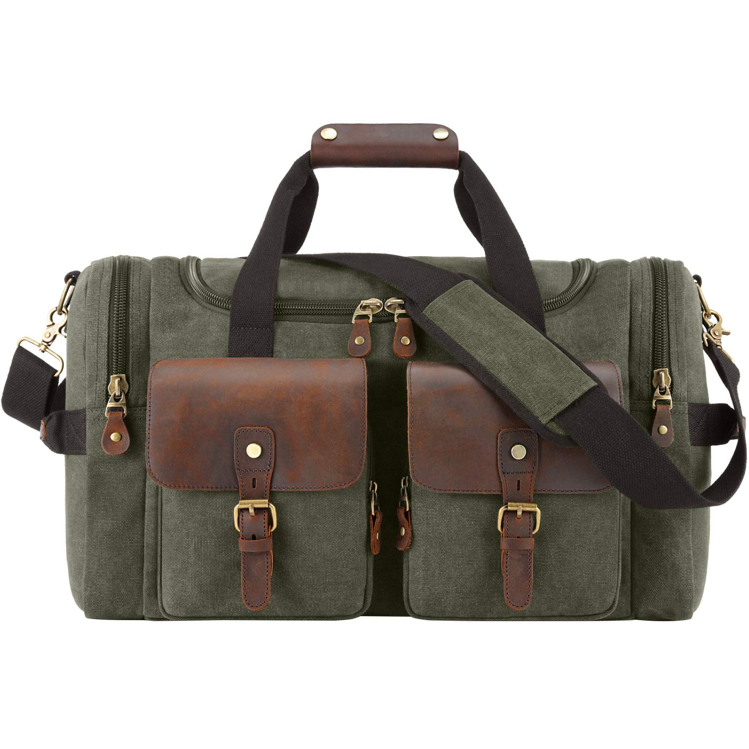 Premium Oversized Travel Duffel Bag - Heavy Duty Canvas & Genuine Leather Weekender Overnight Carry-On Handbag for Men & Women - Army Green - Perfect for Gym, Weekend Getaways & Business Trips