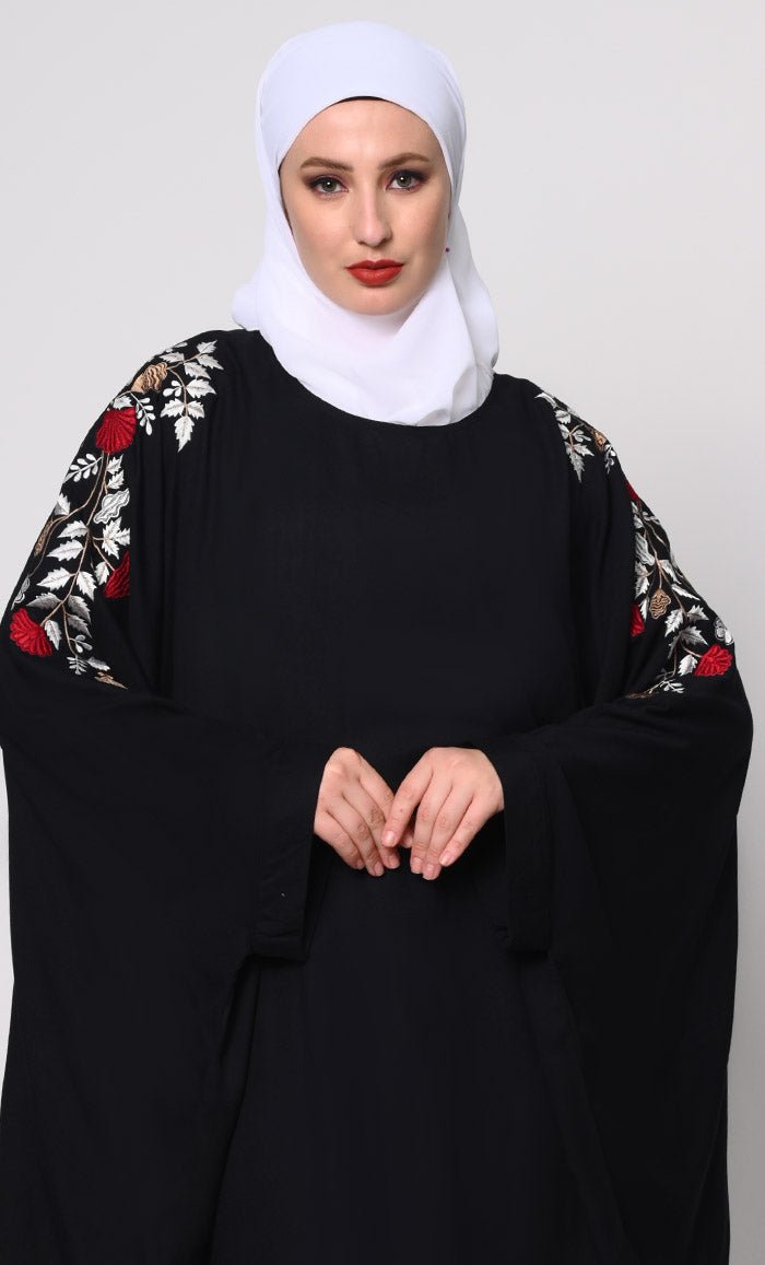 Elegant Black Floral Embroidered Kaftan Dress with Pockets - Perfect for Beach Cover-Up, Resort Wear & Boho Chic Outfits
