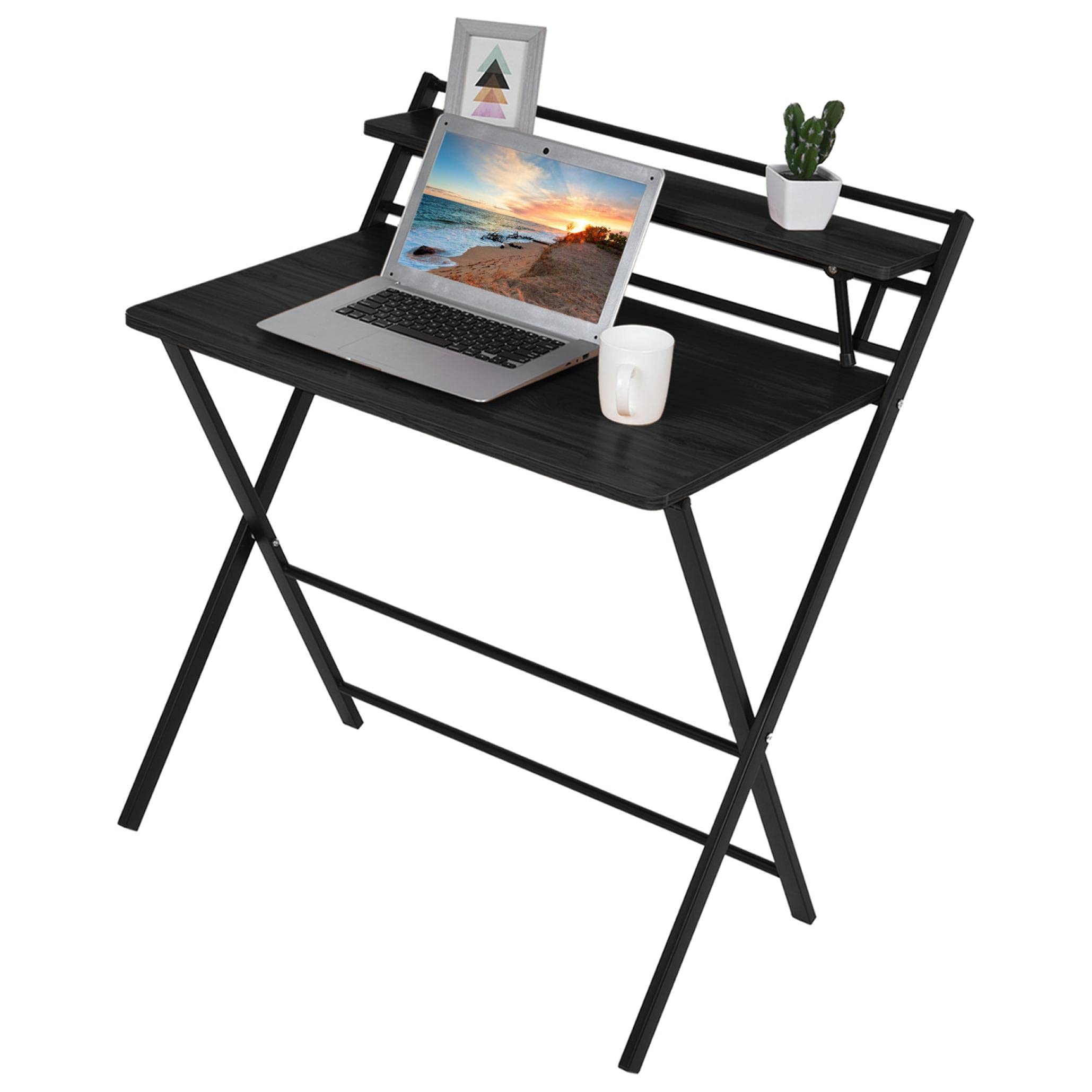 Kenxen 2-Tier Folding Desk for Small Spaces - Compact Computer Desk with Sturdy Metal Legs, Portable Laptop Workstation for Home Office, Study & Writing (Black) - Perfect for Apartments, Dorms & Workspaces with Limited Space