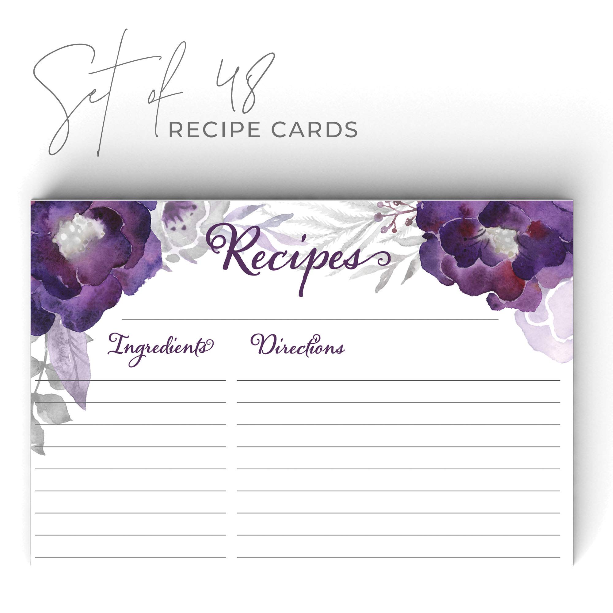 Dashleigh Floral Recipe Cards - Set of 48 Water-Resistant 4x6 Inch Double-Sided Recipe Cards (Violet Purple) - Perfect for Recipe Organization, Kitchen Gifts & Meal Planning
