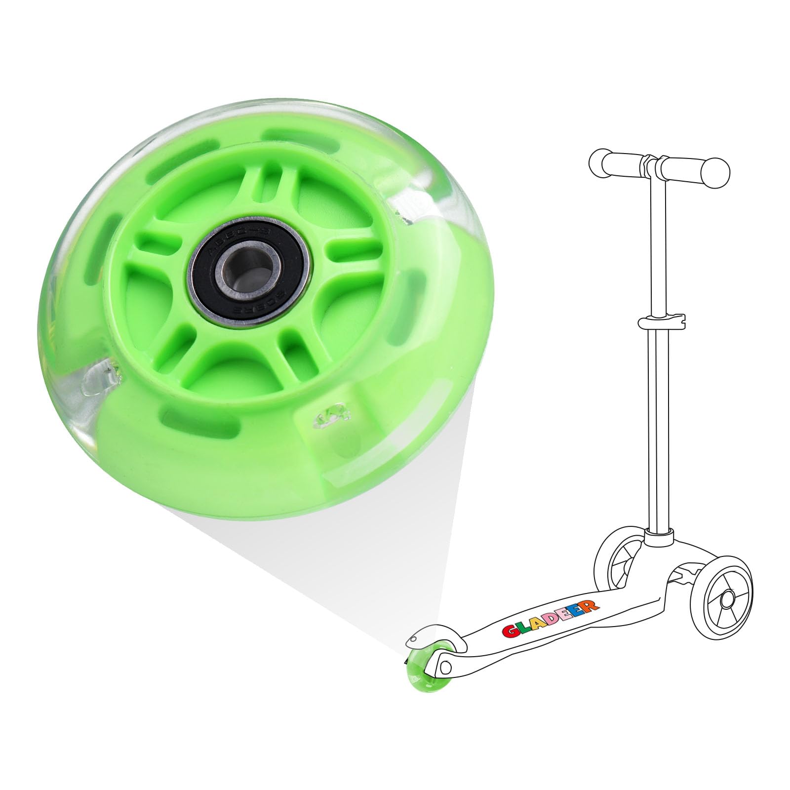 80mm LED Light Up Scooter Wheel - Rear White Flashing Replacement Wheel for Micro Globber Lascoota 3-Wheeled Kids Scooters (Green) | Perfect for Night Riding Safety & Fun Outdoor Activities