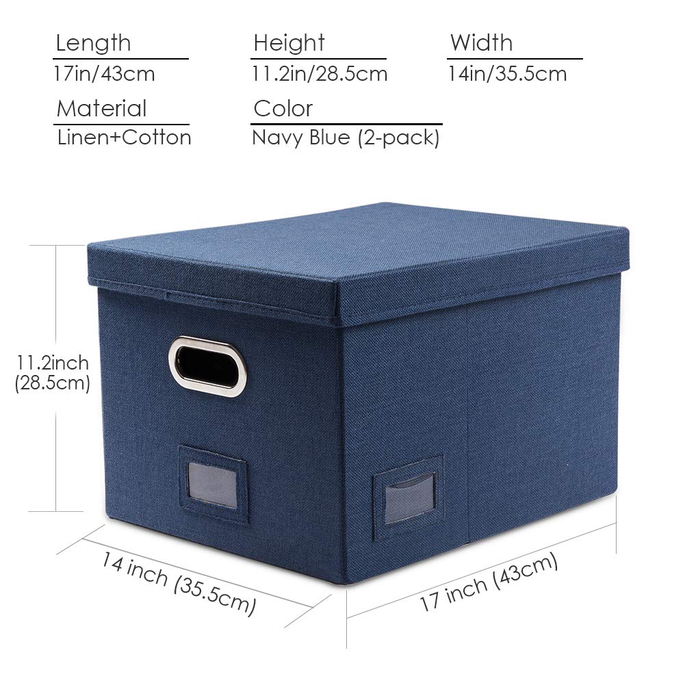 PRANDOM File Organizer Box Set of 2 - Collapsible Linen Storage Bins with Lids for Office, Home & School - Letter/Legal Size Hanging File Folders (17x14x11.2 Inch, Navy Blue) - Perfect for Desk Organization, Document Storage & Cabinet Filing