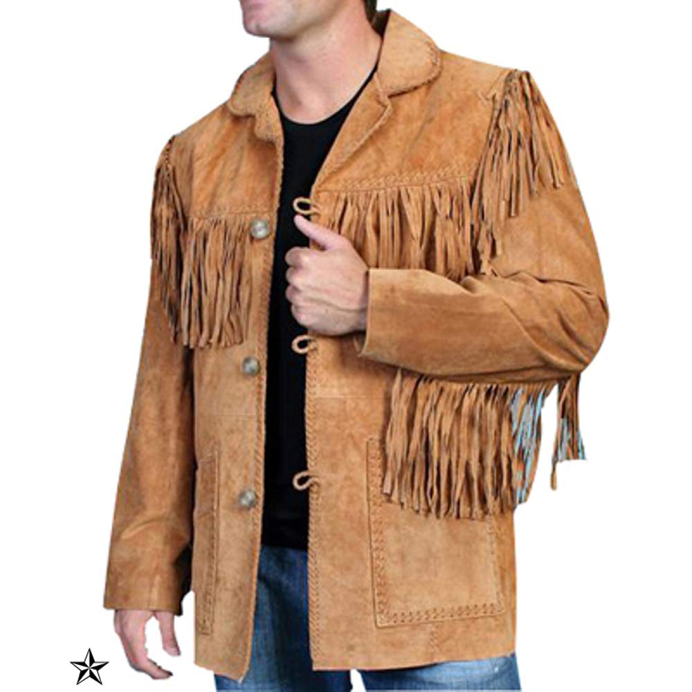 Authentic Leather Jacket for Men - Premium Suede Western Style with Native American Fringe - Black Cowboy Jacket for Rodeo, Festival & Vintage Fashion