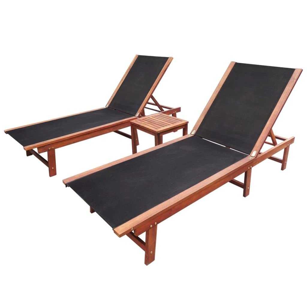vidaXL 3-Piece Acacia Wood Sunlounger Set with Reclining Sunbed and Side Table | Outdoor Patio, Poolside, Beach Relaxation Furniture