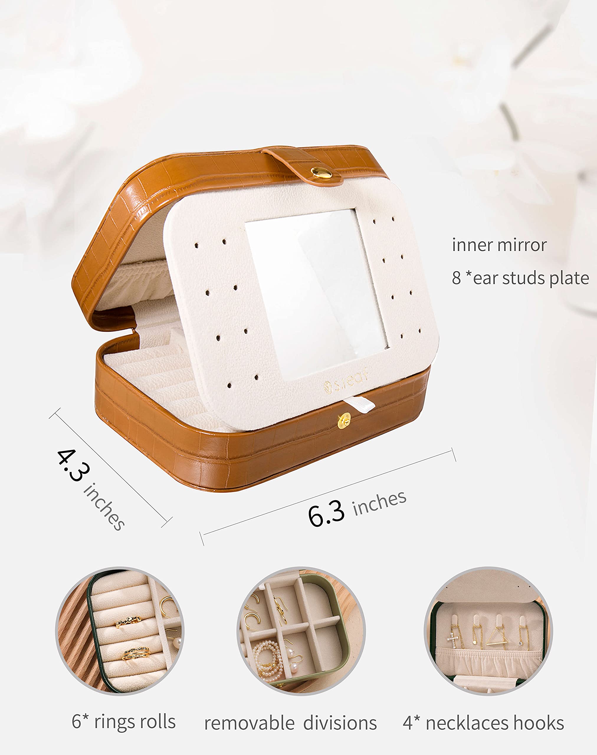 S.Leaf Premium Travel Jewelry Organizer Box for Women - Portable Small Jewelry Case with Secure Storage - Crocodile Brown (Large Size) - Perfect for Vacations, Business Trips & Daily Use