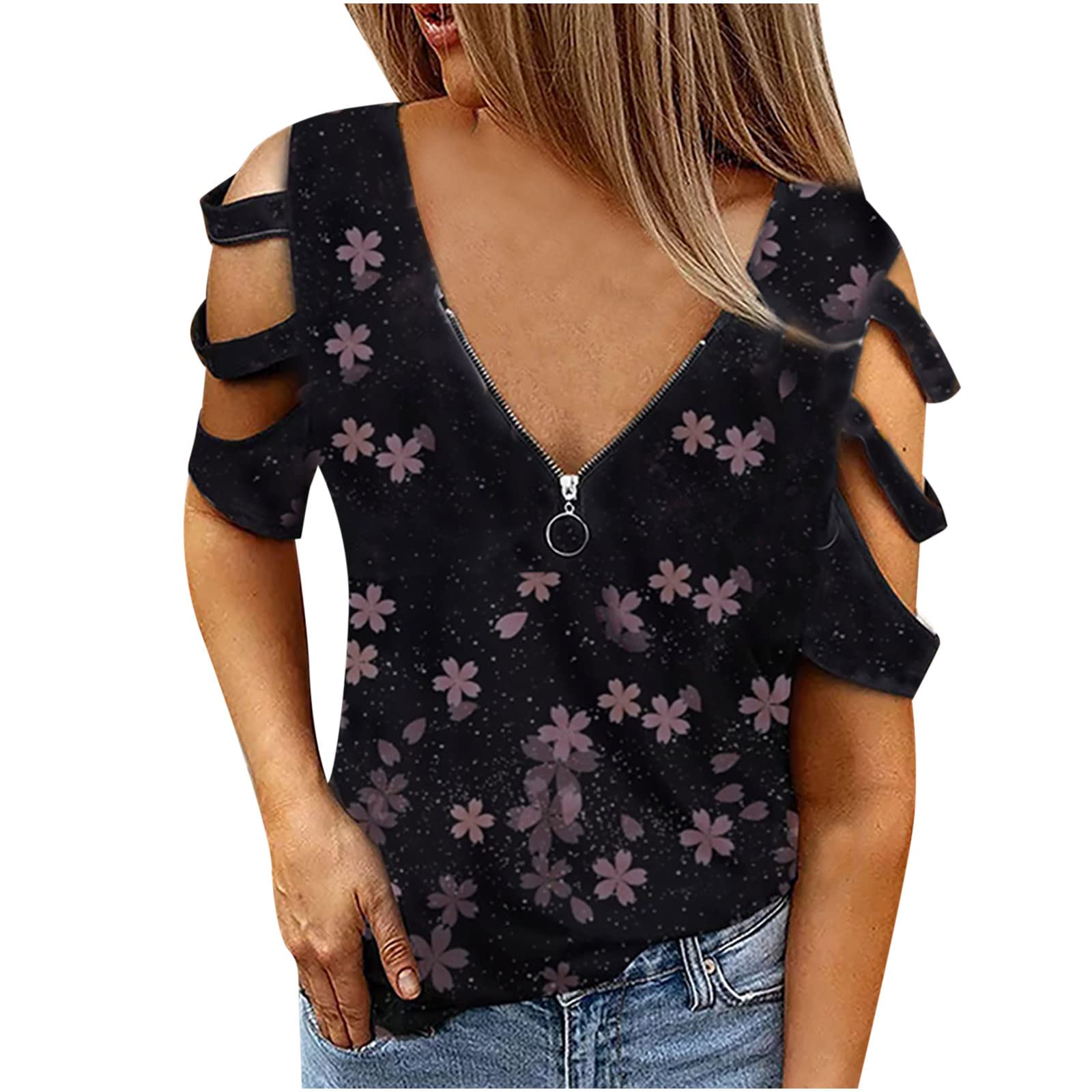Wirziis Women's Floral Cold Shoulder T-Shirt - Sexy Zipper V Neck Summer Top with Short Sleeves | Perfect for Casual Outings, Date Nights & Beach Vacations