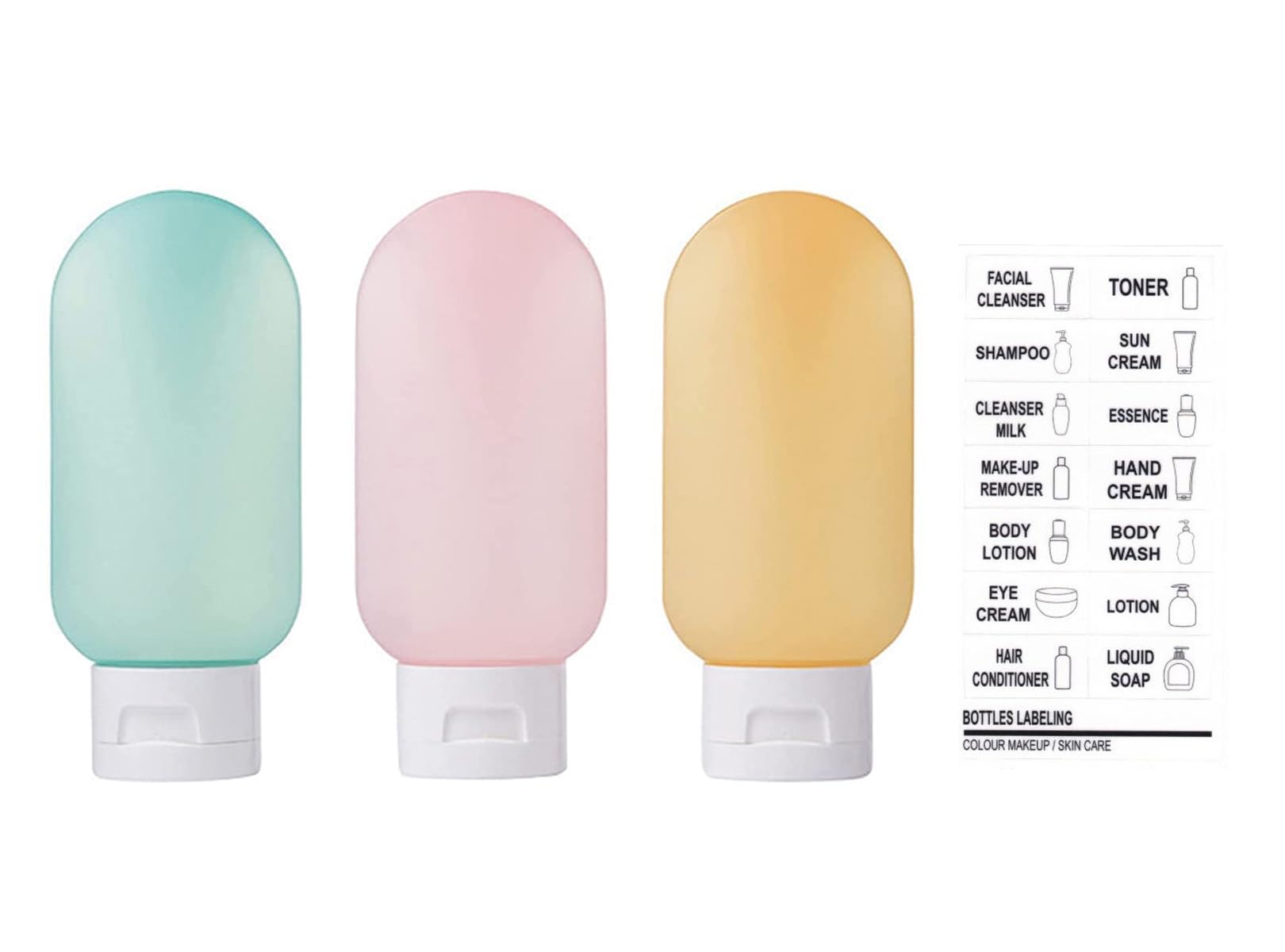 INOVERA 3-Piece Travel Toiletries Kit - 60ml Refillable Leakproof Squeeze Bottles for Shampoo, Body Lotion & Liquid Soap (Multicolor) - Perfect for Air Travel, Gym, Camping & Vacation Essentials