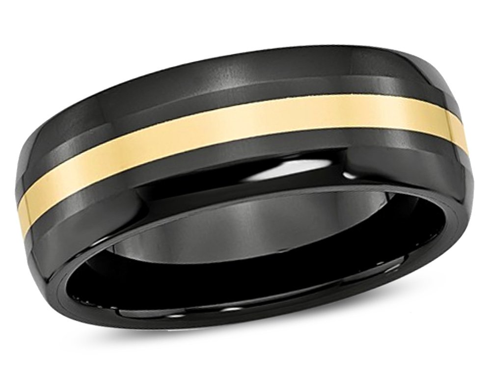 Gem & Harmony Men's Black Ceramic Wedding Band Ring - 8mm Width with 14K Yellow Gold Inlay - Perfect for Weddings, Anniversaries & Special Occasions