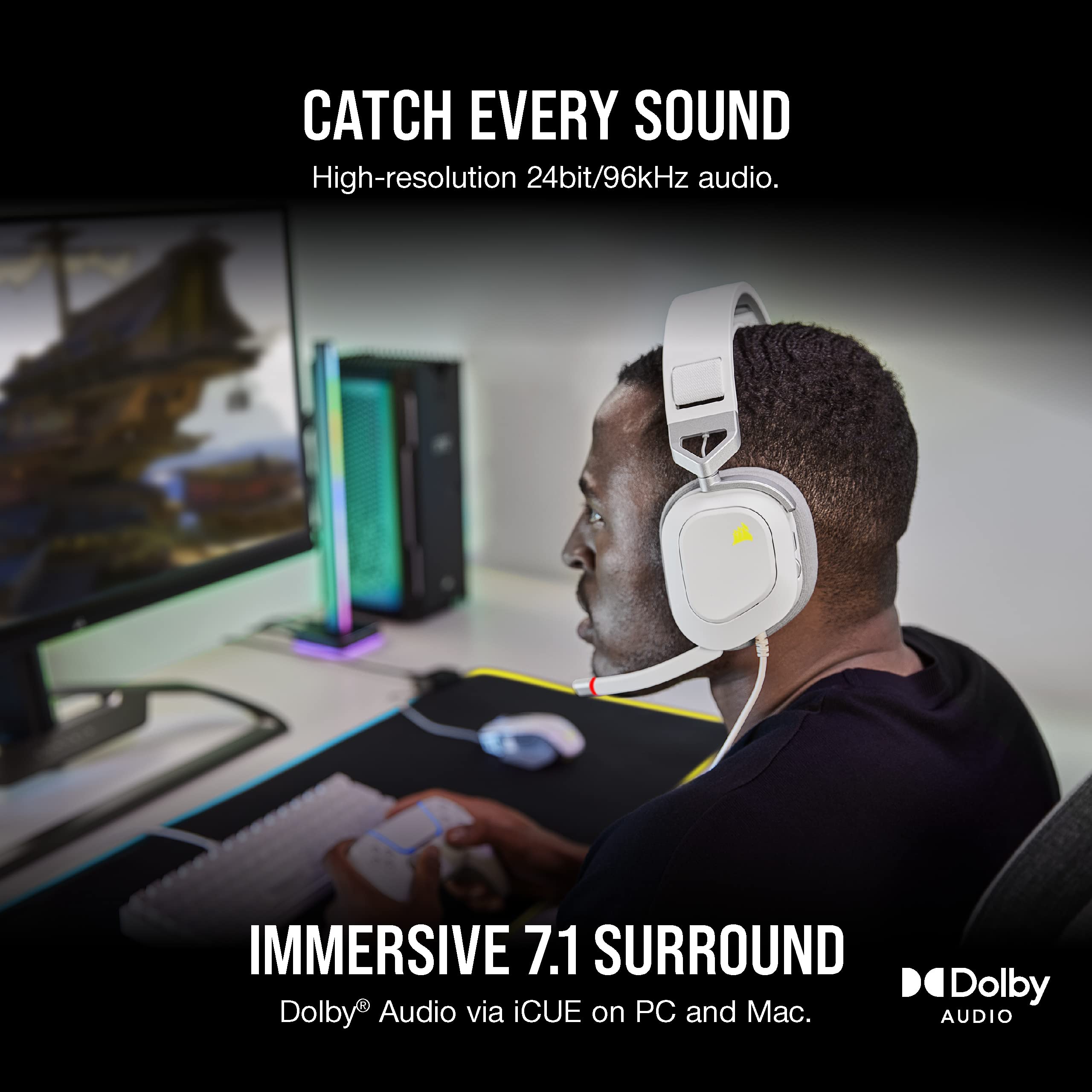 Corsair HS80 RGB USB Premium Gaming Headset with Dolby Audio 7.1 Surround Sound - Broadcast-Grade Mic, Memory Foam Earpads, Hi-Fi Sound for PC, PS5, Xbox - White | Perfect for Competitive Gaming & Streaming
