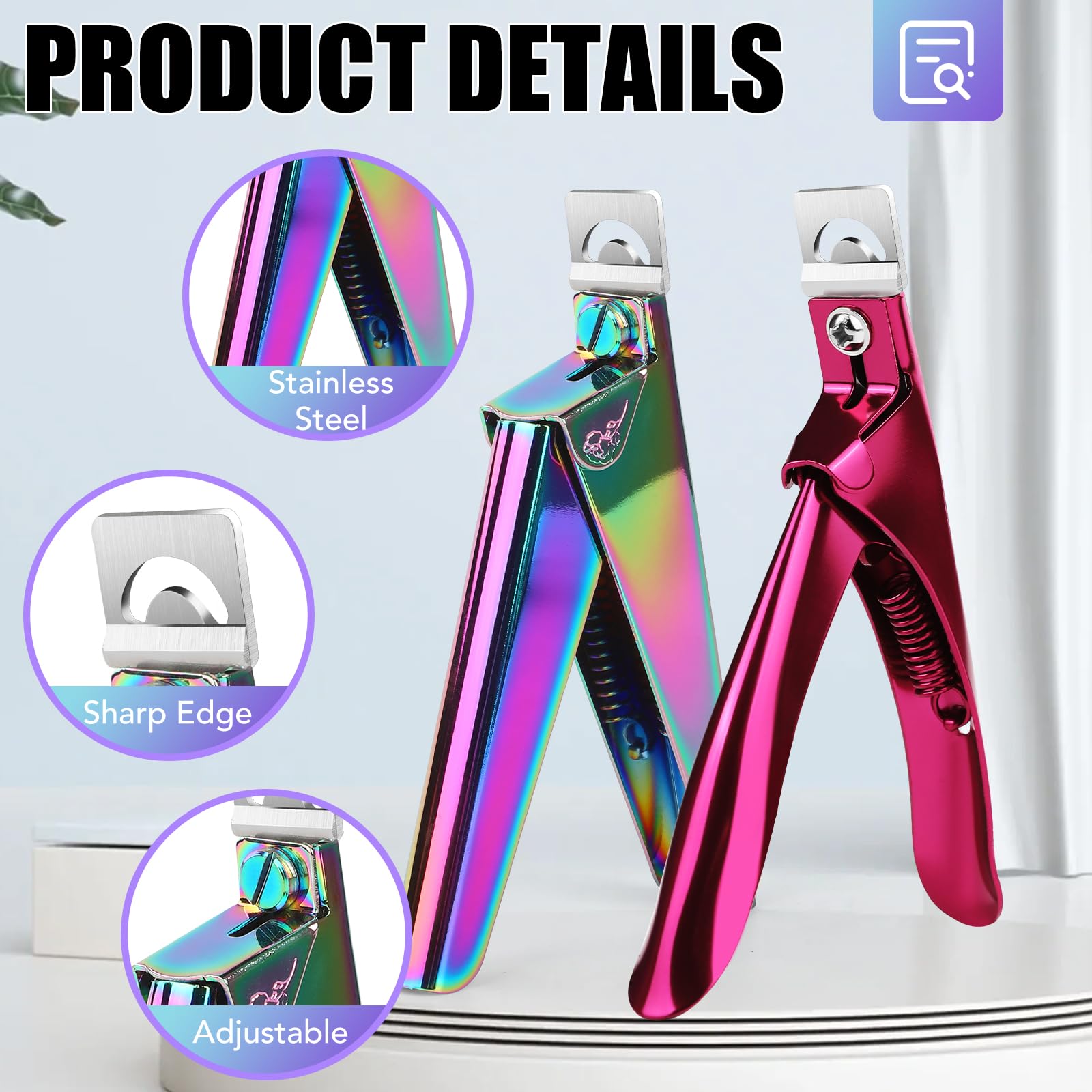 2-Pack Stainless Steel False Nail Clippers with 15PCS Small Magnets - Professional Acrylic Nail Cutter for Home Salon & Nail Art (Rainbow/Pink) - Perfect for Manicures, DIY Nail Care & Beauty Professionals