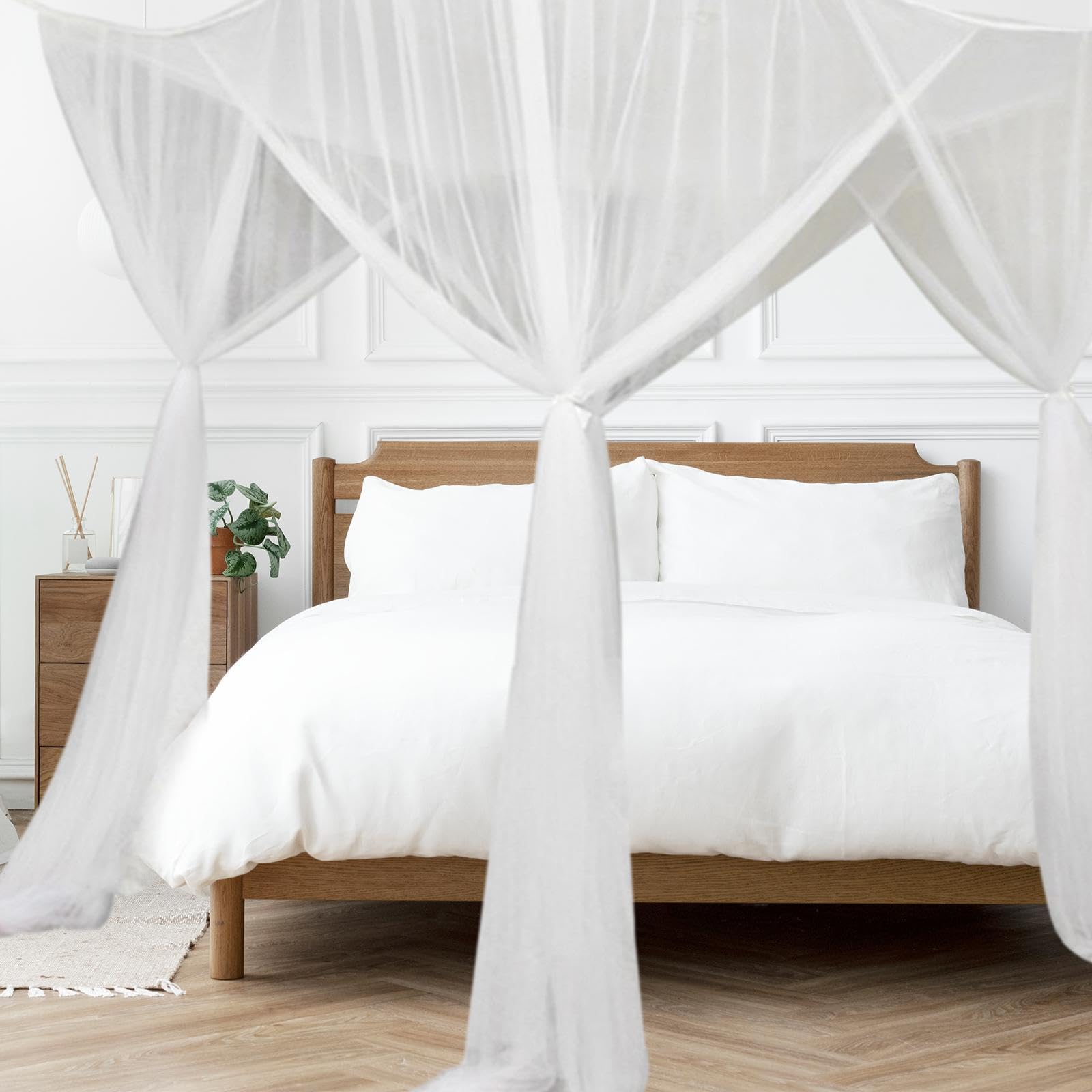 Stylish White 4 Corner Post Canopy Bed Curtain with Drapes & Netting - Elegant Bed Valance for Women's Bedroom Decor | Perfect for Romantic, Boho & Princess Style Bedrooms