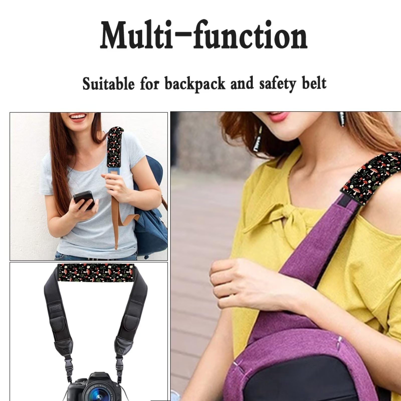 Buybai 2 Pack Mushroom Printed Seat Belt Cover Pad - Soft Car Seat Belt Shoulder Strap Protector for Bags & Backpacks - Universal Fit for SUV, Truck, Sedan - Comfortable Driving & Travel Accessory