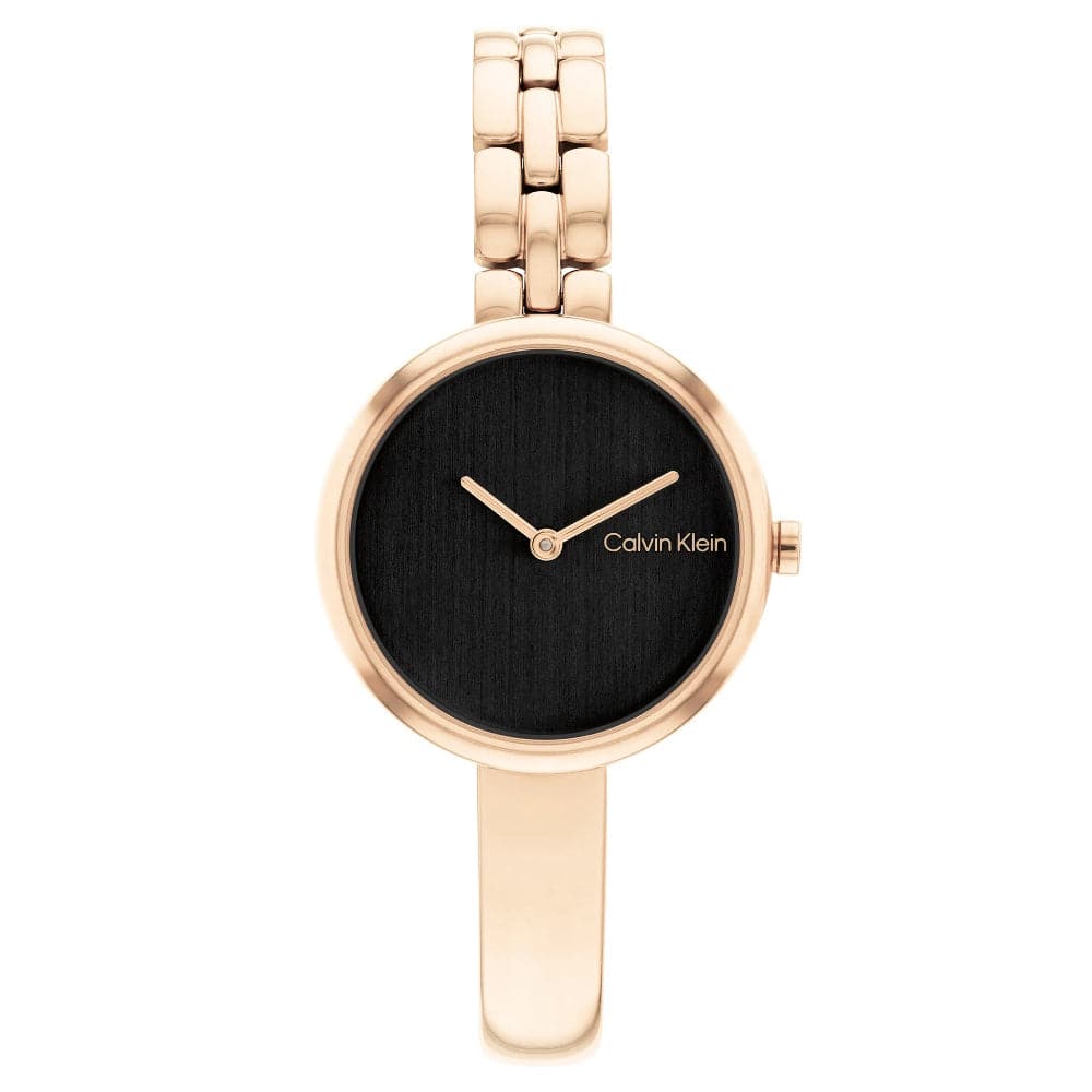 Calvin Klein Women's Rose Gold Stainless Steel Watch with Black Dial & Bangles - Model 25200280 | Perfect for Office, Party & Everyday Wear
