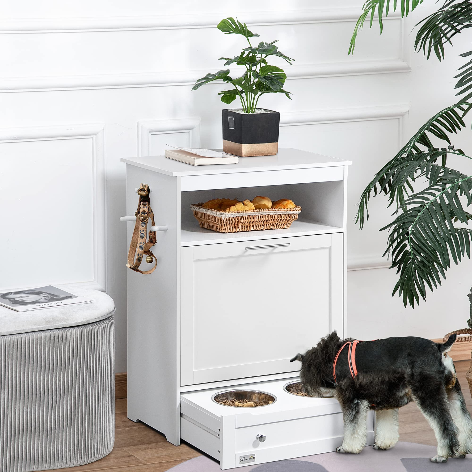 PawHut Elevated Dog Feeding Station with Food Storage Cabinet - Includes Raised Bowls & Hanger for Pet Food & Water Supplies - Perfect for Kitchen, Laundry Room or Pet Feeding Area - White