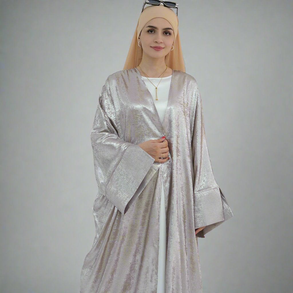 Celine Shimmer Kimono Open Abaya Sand - Elegant Muslim Abaya Dress for Women | Perfect for Eid, Wedding & Special Occasions
