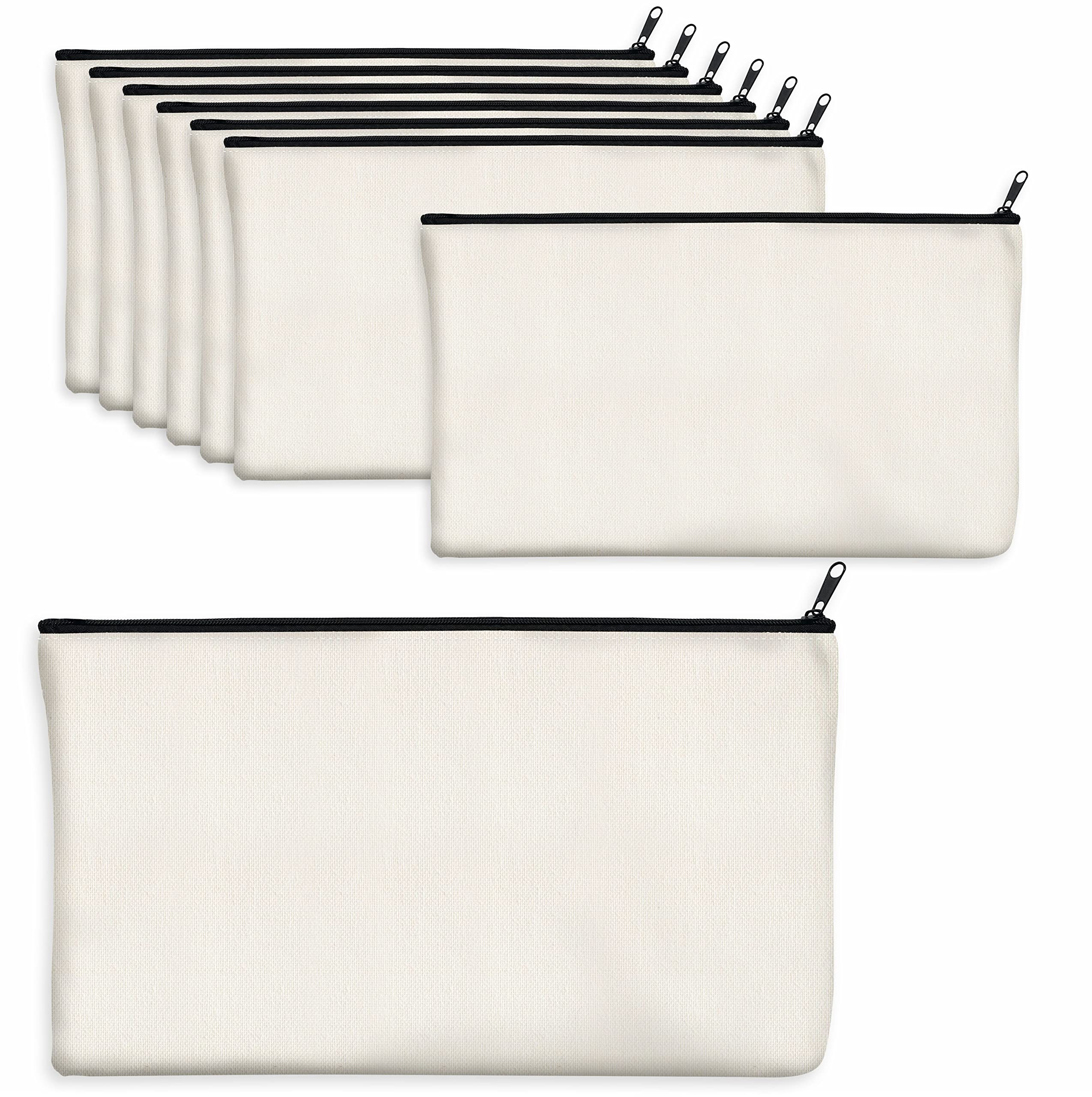 8 Pack Blank Canvas Pencil Pouch - DIY Craft Zipper Bags for Makeup, Toiletries & Stationery - Multifunctional Organizer (Beige, 8.3” x 4.7”) - Perfect for School, Travel & Home Storage