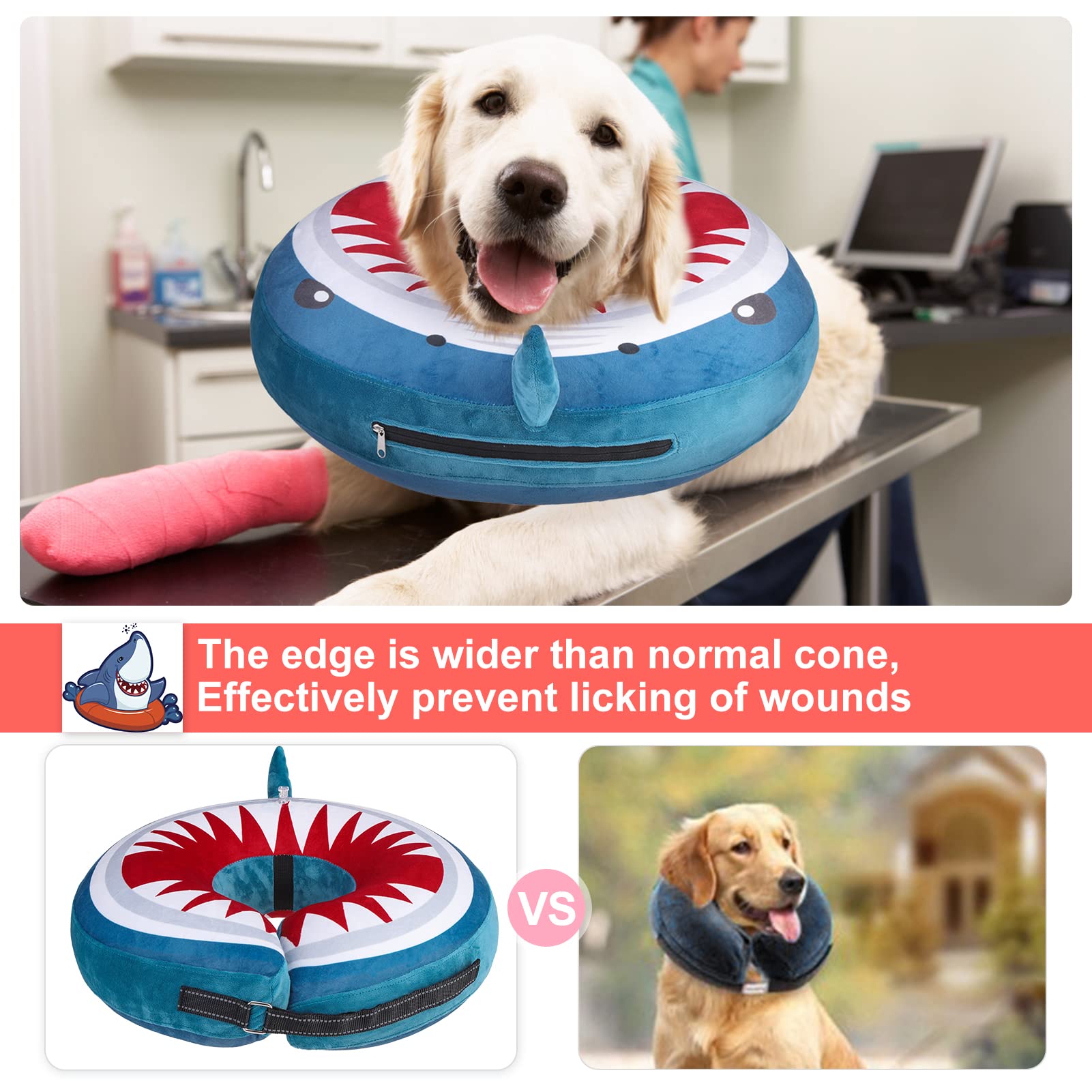**BEAUTYZOO Inflatable Dog Cone Collar for Post-Surgery Recovery - Soft E-Collar Alternative for Large, Medium & Small Dogs & Cats - Shark Blue XL (Prevents Licking & Scratching) - Perfect for Home Recovery, Travel & Vet Visits**