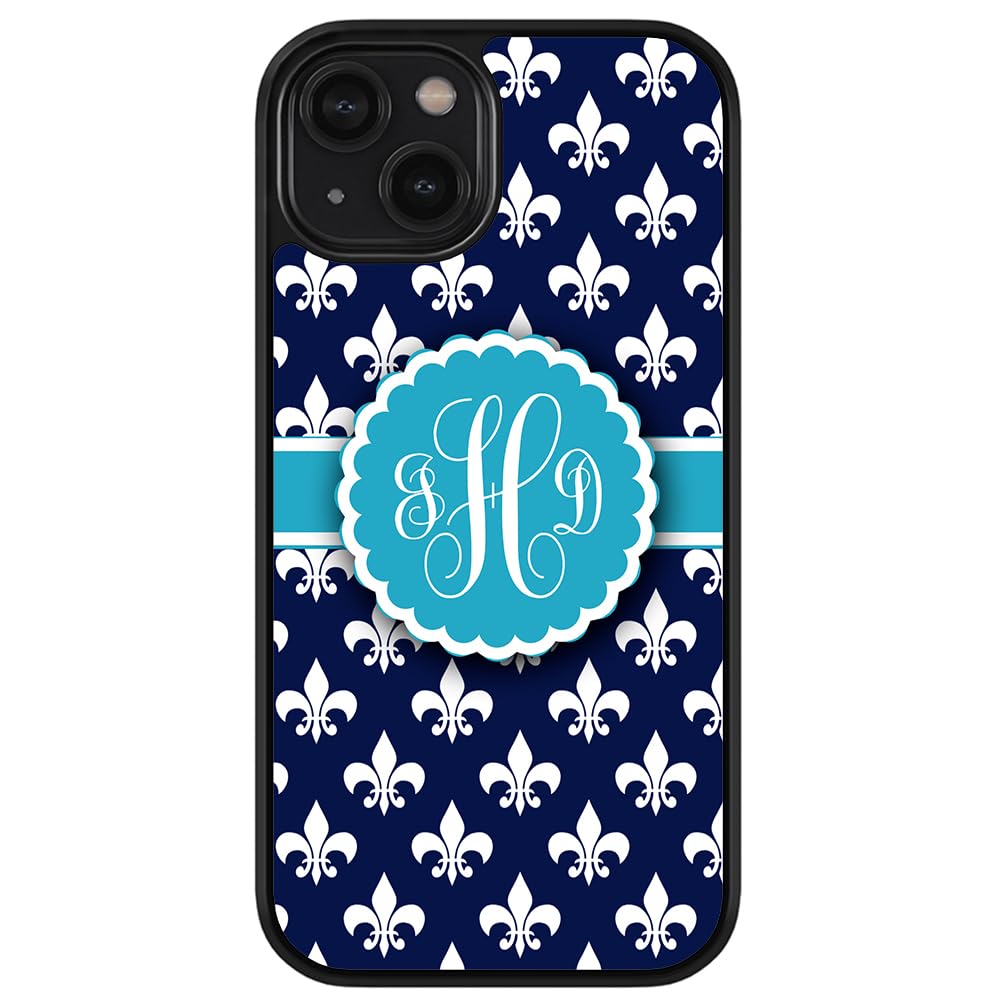 French Fleur De Lis Blue Monogram Black Rubber Phone Case for iPhone 16/15/14/13/12 Pro Max & Plus | Personalized Protection | Durable Shockproof Cover for Everyday Use & Travel