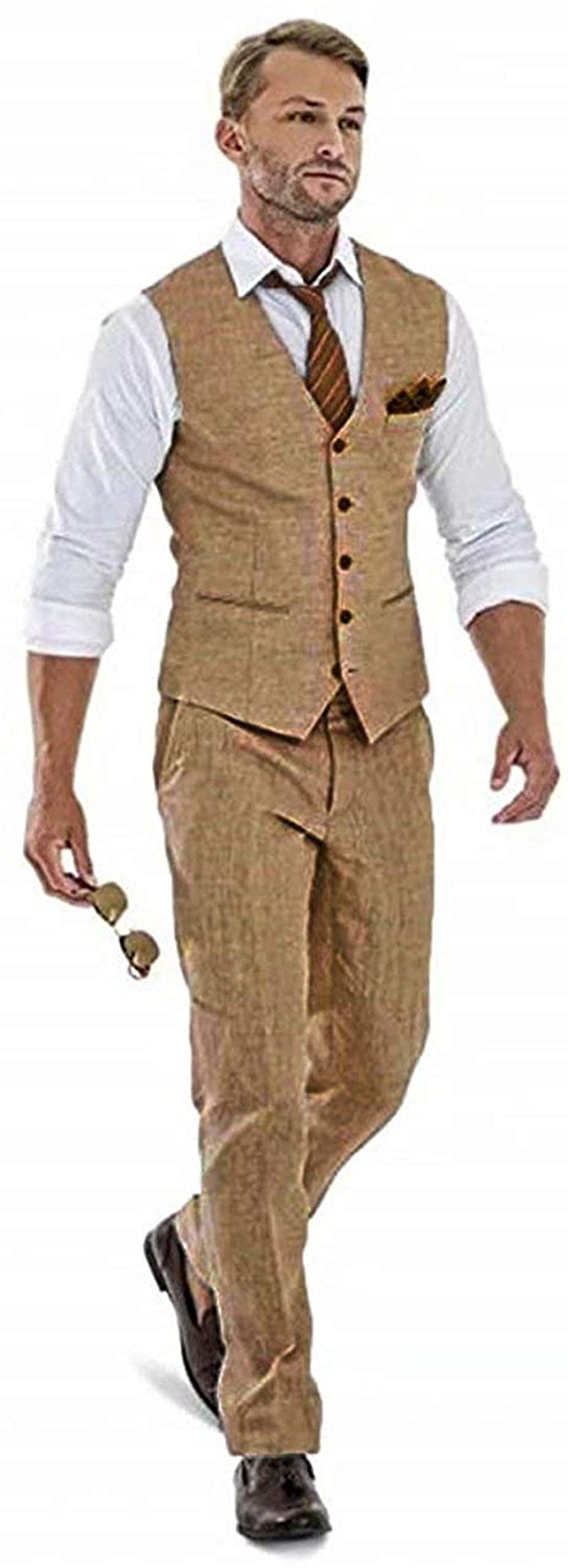 Men's Summer Linen Slim Fit Tuxedo Suit - 2 Piece Groomsmen & Prom Outfit with Vest & Pants | Wedding, Formal Events & Special Occasions
