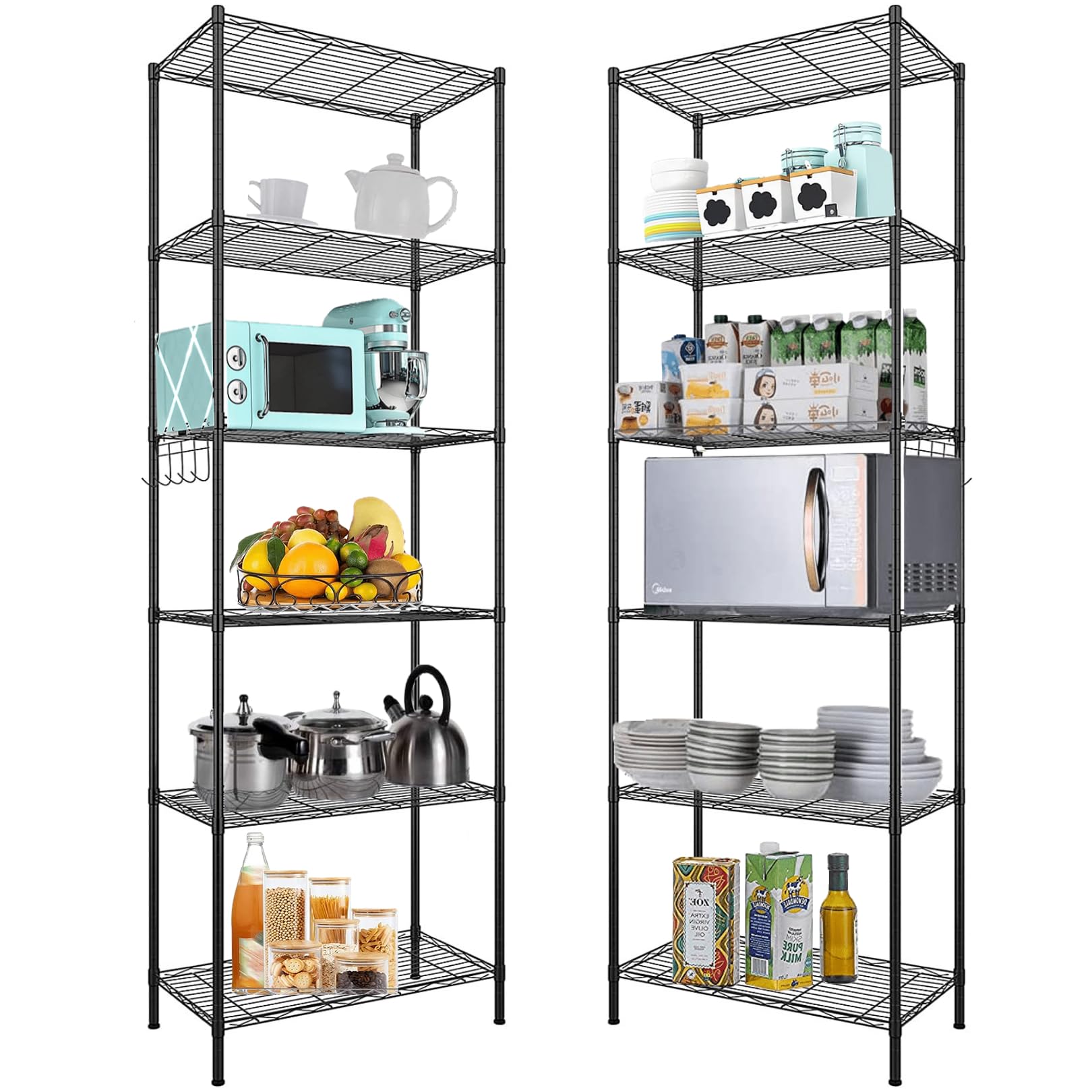 Himimi 6-Tier Adjustable Wire Storage Shelf - Free Standing Metal Shelving Unit with Leveling Feet & Stainless Hooks - Black (2-Pack) - Perfect for Laundry Room, Bathroom, Kitchen Pantry & Closet Organization