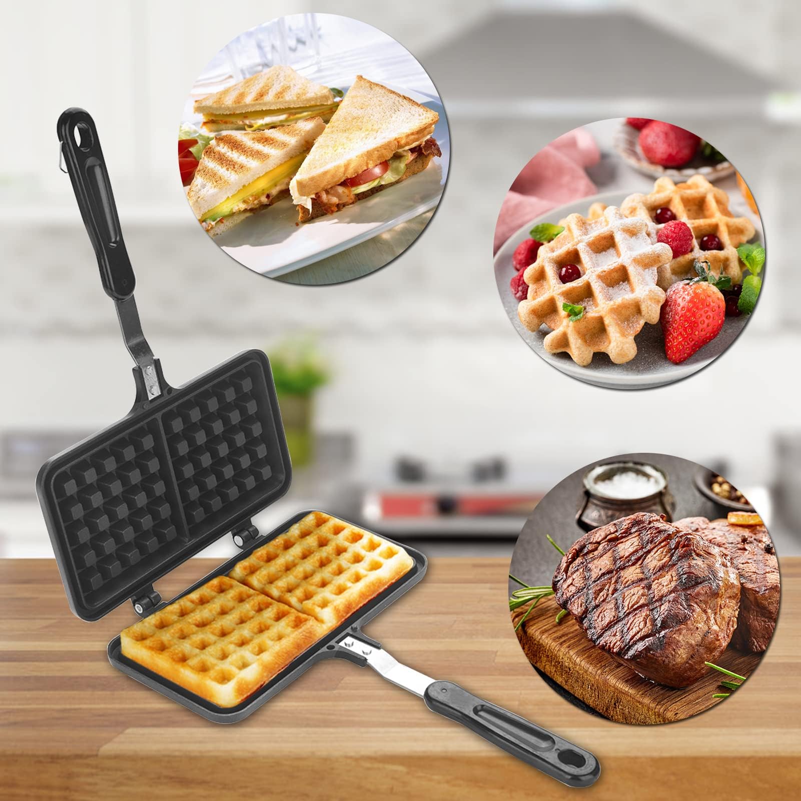 Cast Iron Stovetop Waffle Maker - Dual Head Non-Stick Belgian Waffle Iron for Pancakes, Panini & Sandwiches - Perfect for Breakfast, Camping & RV Cooking (13.19 x 8.46 Inches)