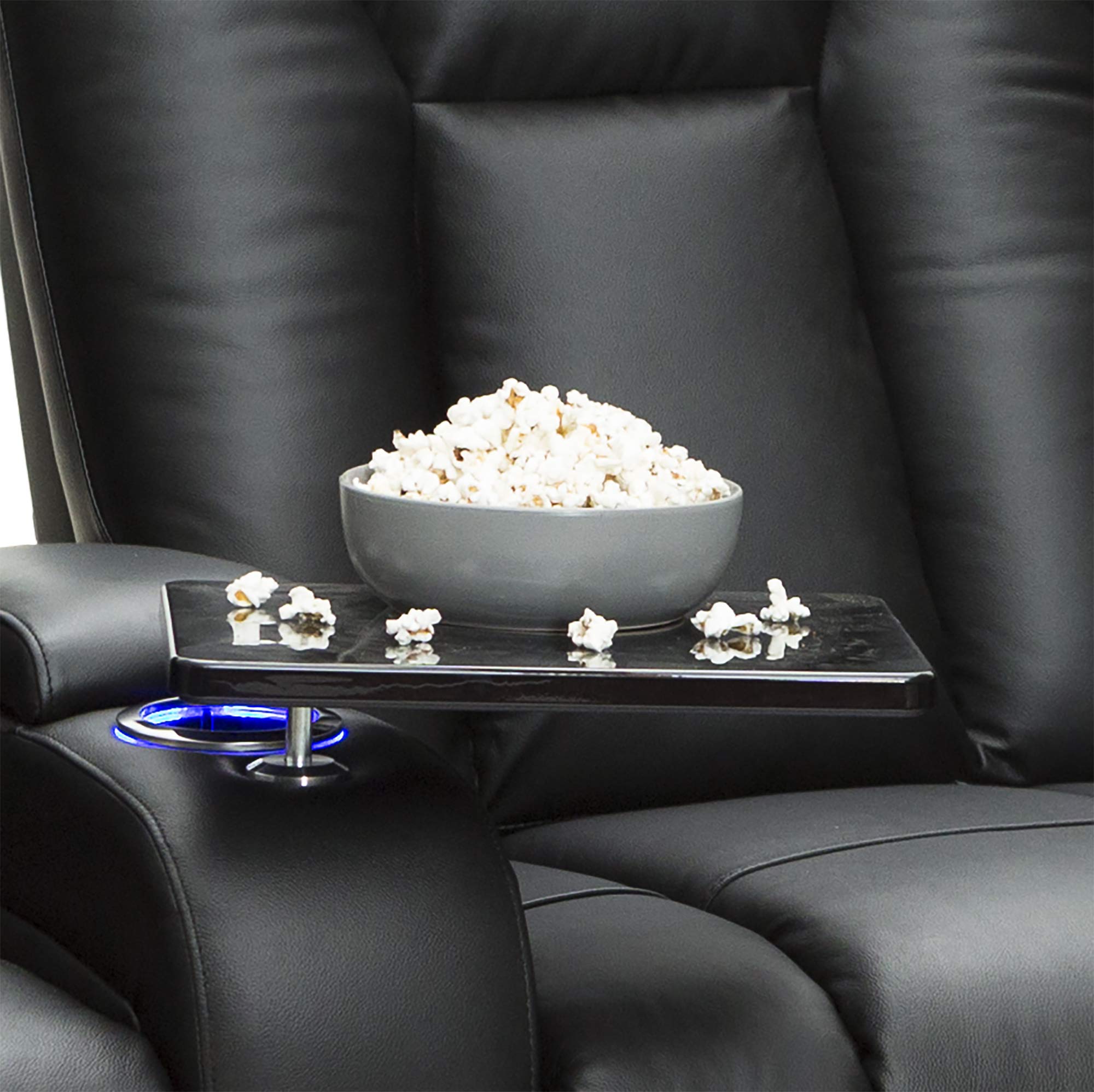 Seatcraft Serenity Italian Leather Home Theater Seating with Power Recline, Tray Tables & In-Arm Storage - Luxury Black Leather Recliner Sofa for Living Room & Home Theater - Ambient Base Lighting & Lighted Cup Holders (Set of 4) - Perfect for Movie Nights, Gaming & Family Relaxation