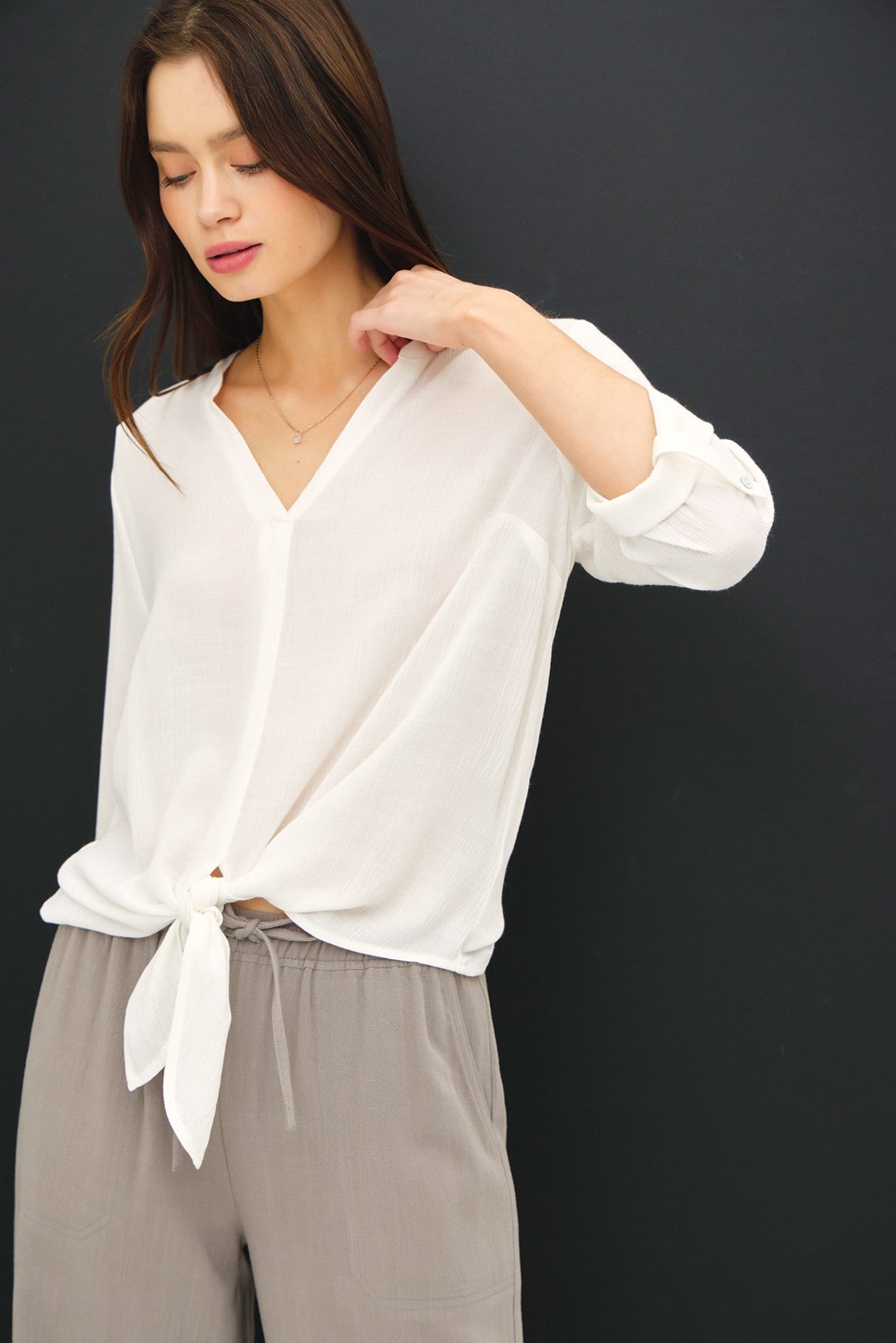 Split Neck Tie Front Crepe Blouse for Women - Elegant Office Wear & Casual Outfits | Perfect for Work, Dates & Special Occasions