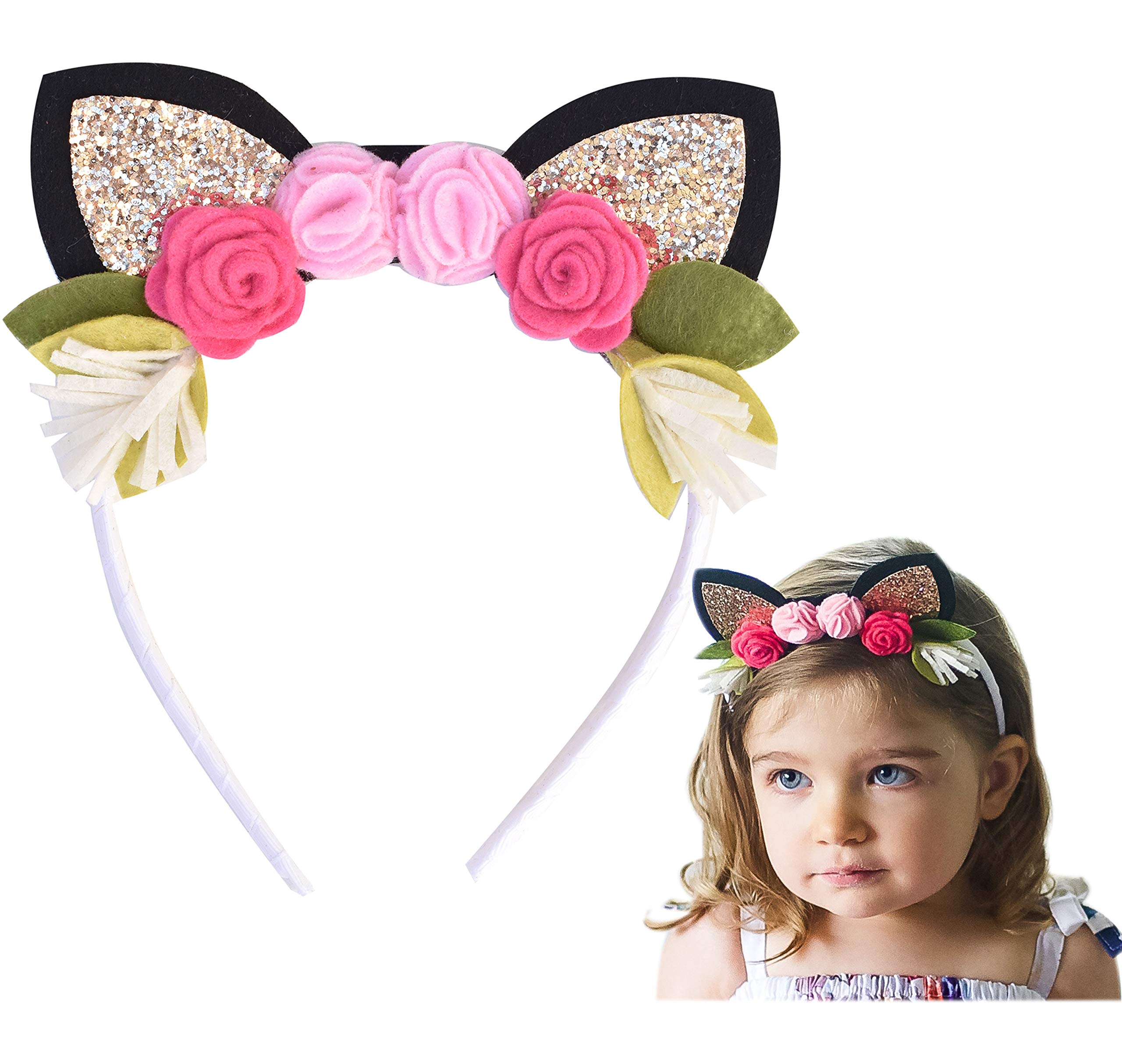 Cute Cat Ear Headband with Glitter Ears & Felt Flower Crown for Girls, Toddlers & Kids | Cat Costume Hair Accessories | Perfect for Halloween, Dress Up & Birthday Parties