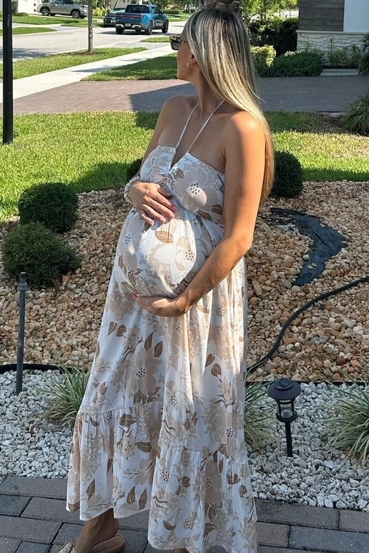 Beige Floral Ruched Front Halter Maternity Midi Dress for Pregnancy Photos, Baby Showers & Special Occasions