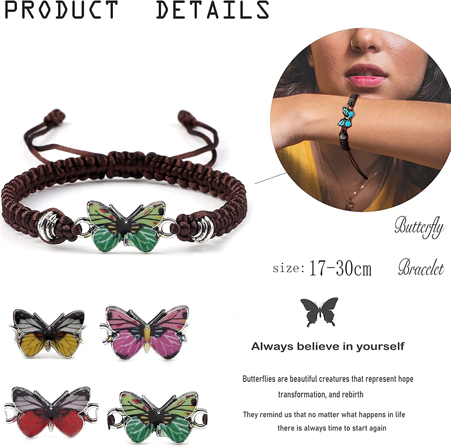 Always Believe in Yourself Adjustable Butterfly Charm Bracelet - Cute String Bracelet for Women, Trendy Butterfly Jewelry Gift for Birthday, Friendship Day & Everyday Wear