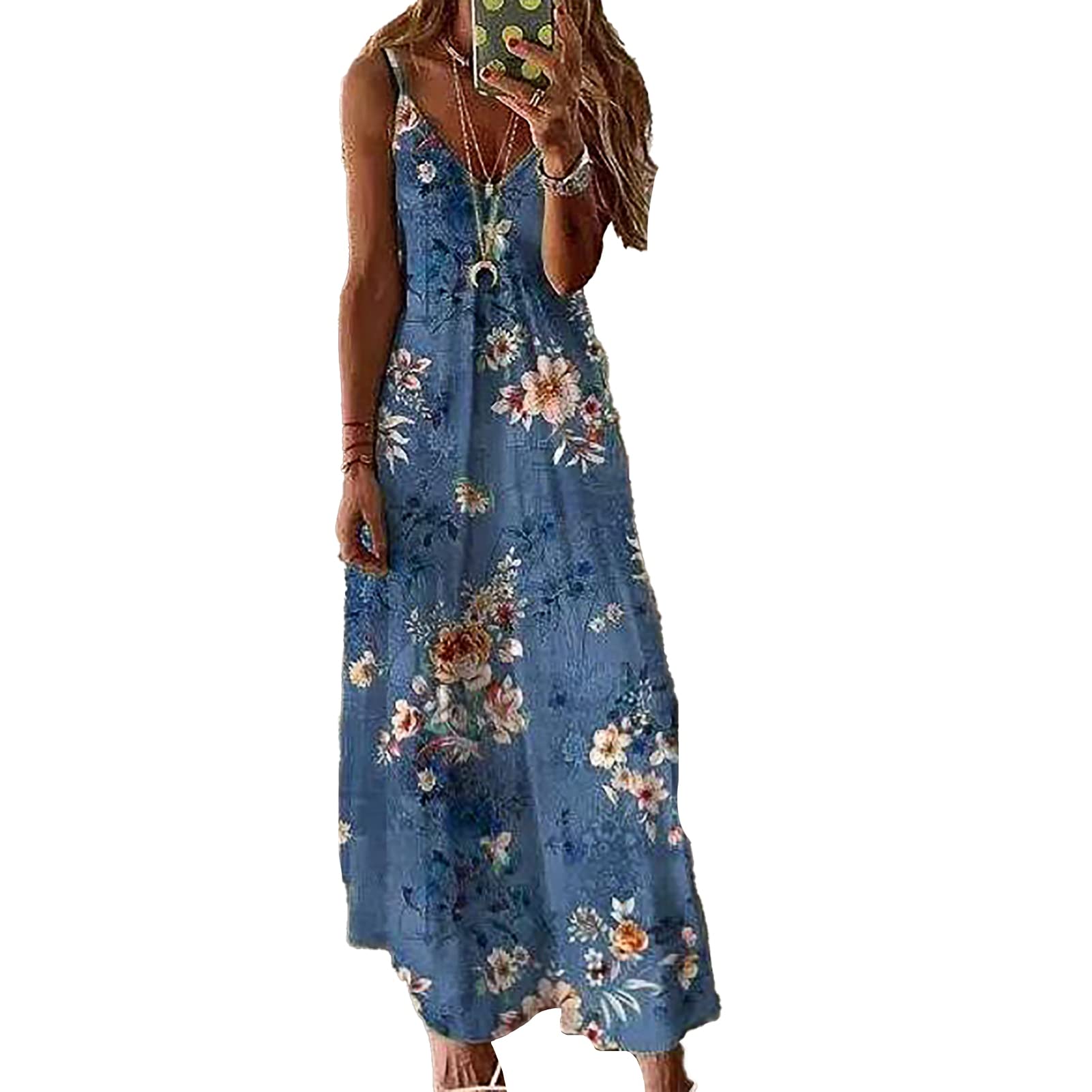 Floral Print Maxi Dress for Women - V Neck Sleeveless Spaghetti Strap Summer Dress | Perfect for Dating, Beach Vacations & Outdoor Parties