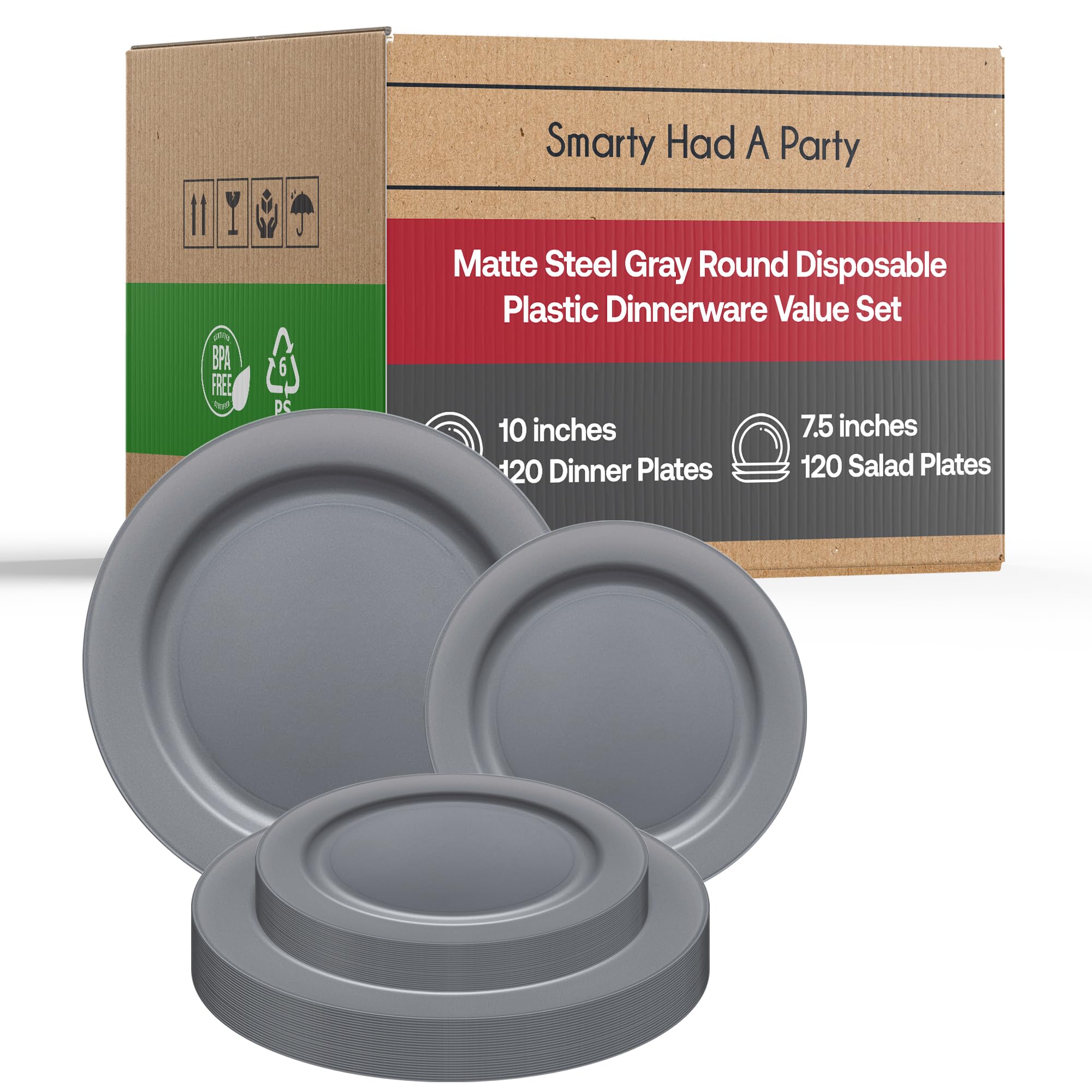 Premium Disposable Plastic Plates - 240-Piece Matte Round Dinnerware Set (120 Dinner Plates + 120 Salad Plates) for Weddings, Parties, Catering & Events - Durable Steel Gray Plates for Indoor & Outdoor Use
