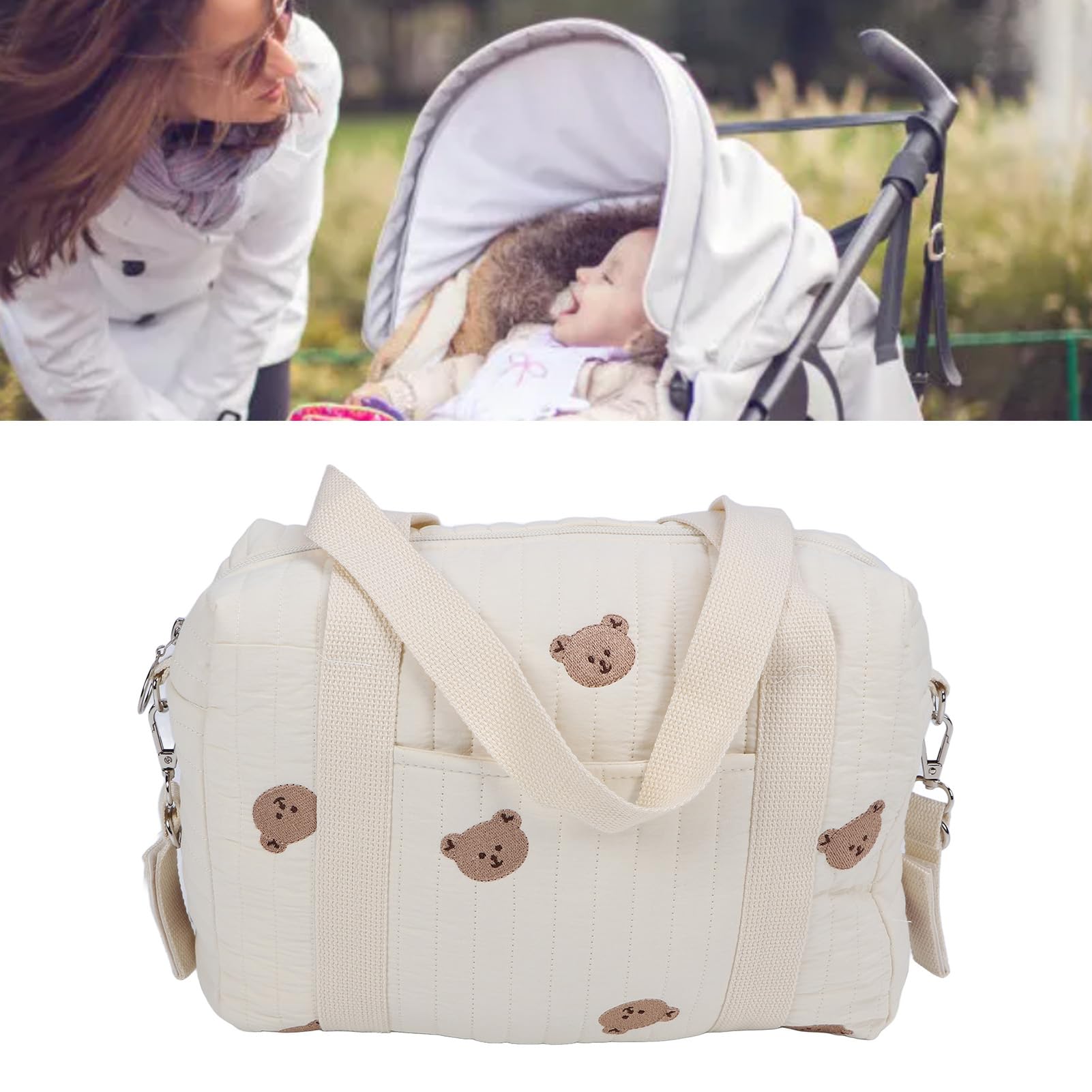 Baby Stroller Storage Bag with Zipper - Reusable Hanging Organizer for Diapers & Essentials, Embroidery Bear Design - Perfect for Shopping, Travel & Daily Outings with Your Baby