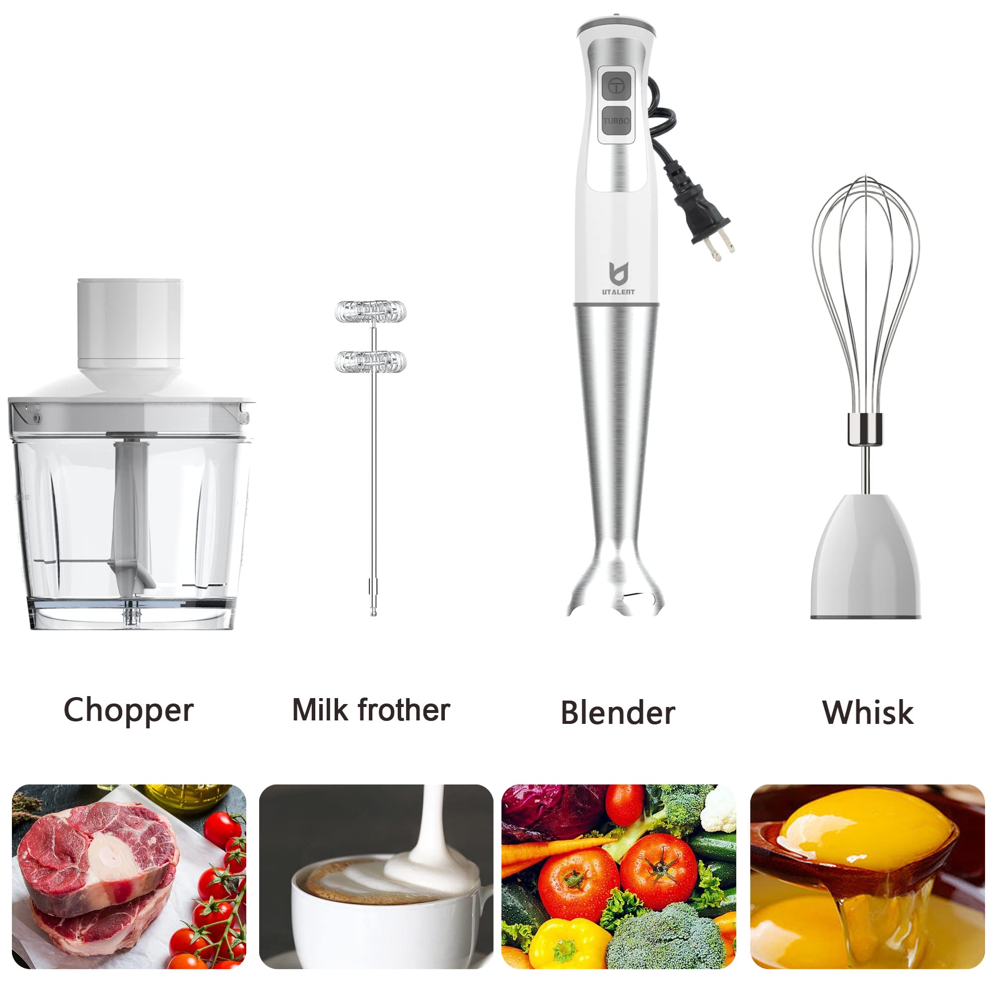UTALENT 5-in-1 Immersion Hand Blender with 8-Speed Control, 500ml Food Grinder & 600ml Container - White | Perfect for Making Smoothies, Baby Food, Sauces, Soups & Milk Frothing | Ideal for Kitchen, Baby Care & Healthy Cooking