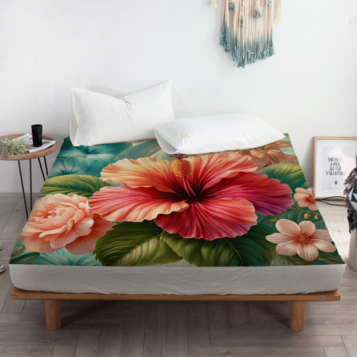 Premium 100% Cotton Hibiscus Flower Printed Bed Sheet Set - Queen Size, 4-Piece - Soft & Breathable for Comfortable Sleep - Perfect for Home, Hotel, and Guest Room Decor
