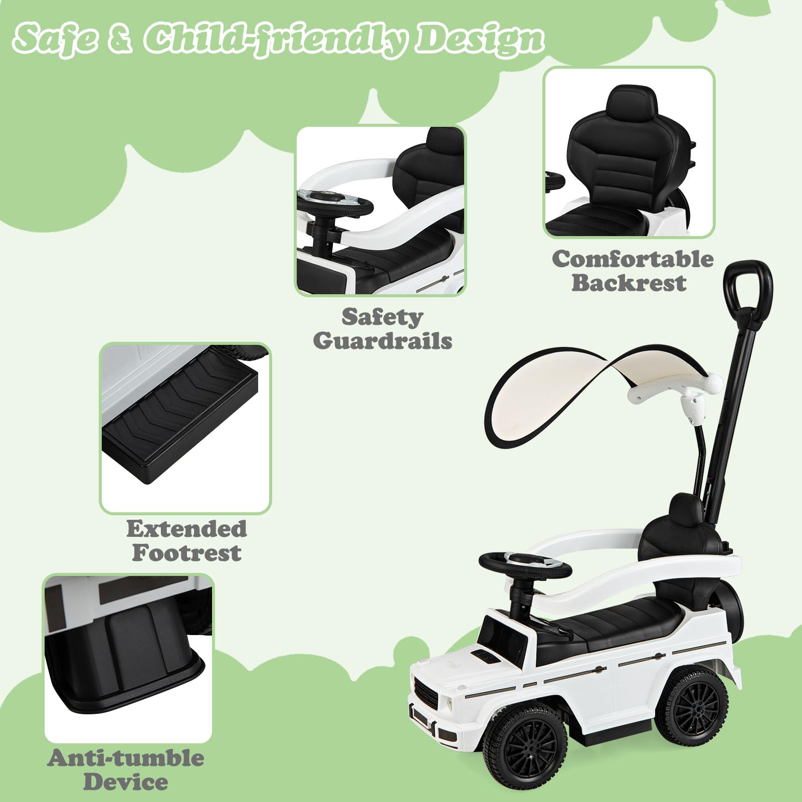 Nightcore Push Car for Toddlers - Ride On Toy with Removable Canopy, Anti-Tipping Design & Engine Sound - Safe Baby Walker with Retractable Footrest & Guardrail - Perfect Indoor/Outdoor Play for Boys & Girls (White) - Great for Birthday Gifts, Backyard Fun & Preschool Learning Activities
