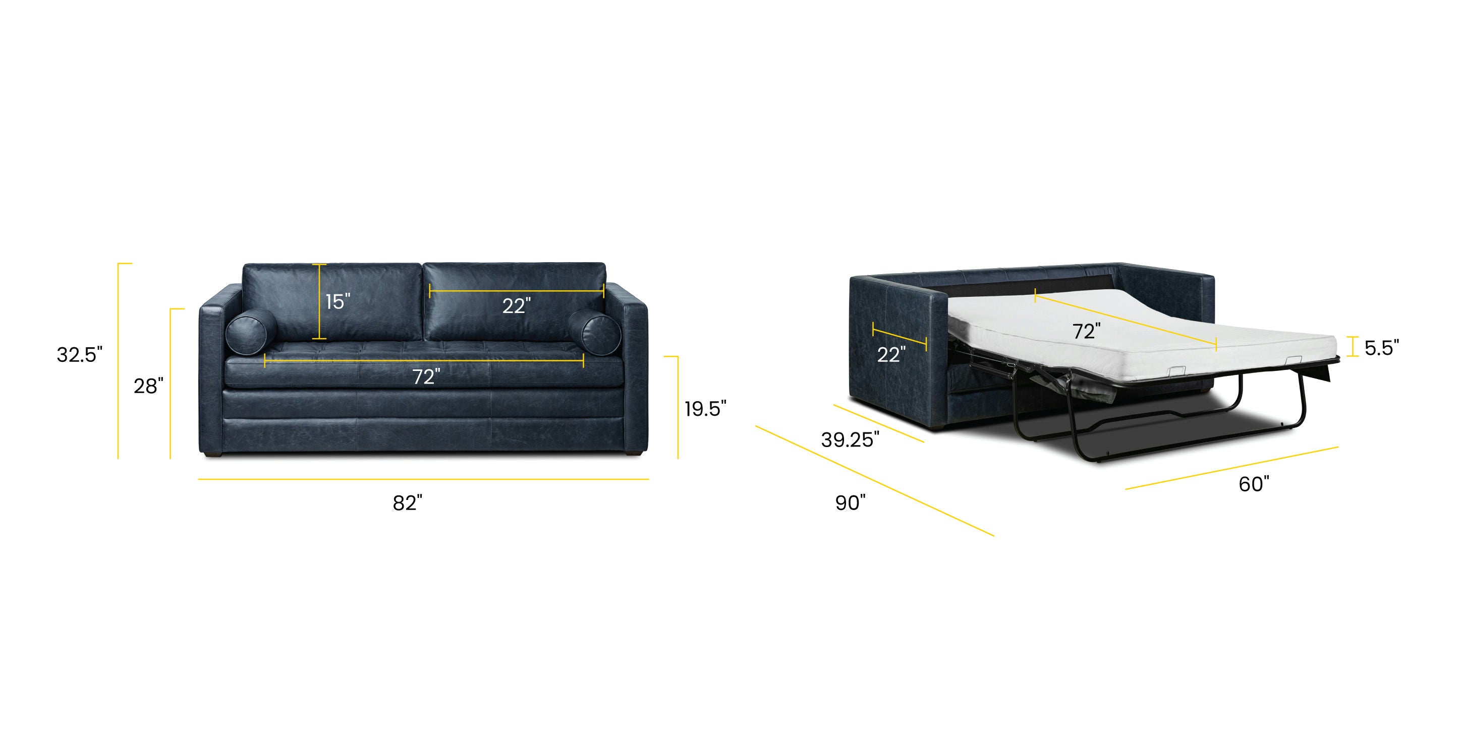 Napa 82 Leather Pull Out Convertible Sleeper Sofa - Premium Genuine Leather Sectional Couch with Chaise Lounge for Living Room, Bedroom & Guest Room | Perfect for Small Spaces, Apartments & Home Theater