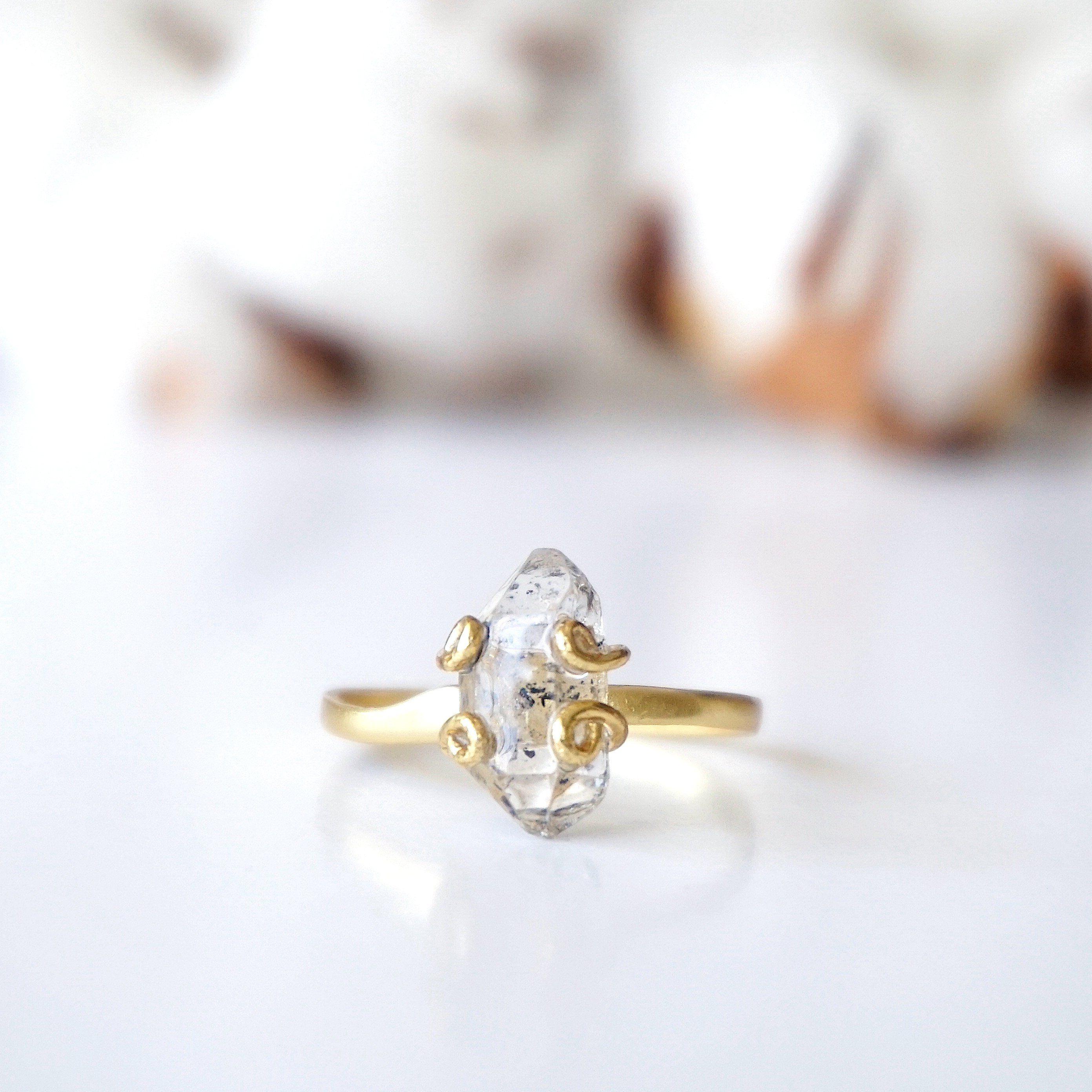 14K Gold Vermeil Adjustable Herkimer Diamond Ring - Elegant Stackable Jewelry for Everyday Wear & Special Occasions