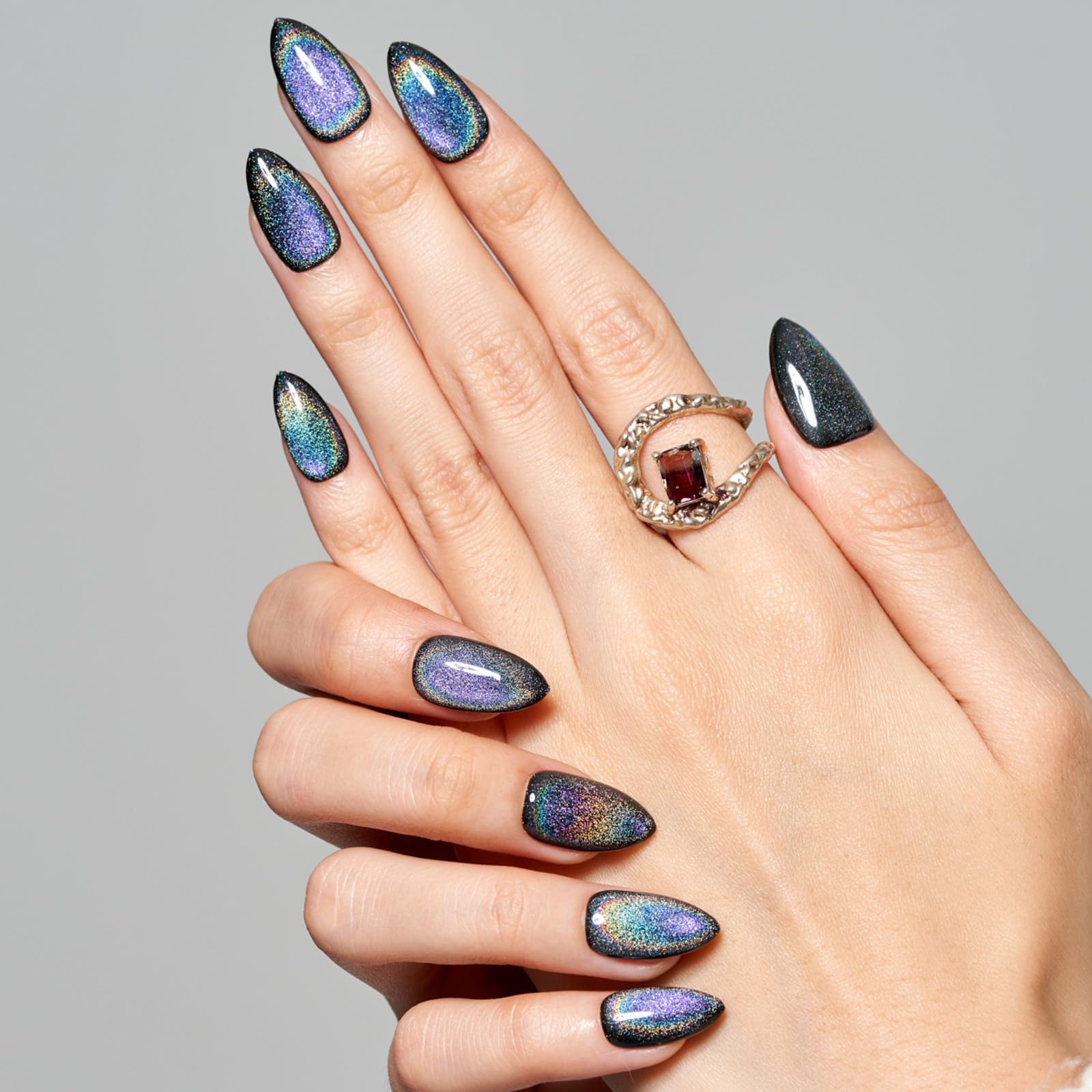 GLAMERMAID Short Almond Press on Nails - 24Pcs Rainbow Black Spring Summer Gel Fake Nails with UV Glossy Finish, Reusable Acrylic Manicure Kit for Women | Perfect for Parties, Weddings & Everyday Glam