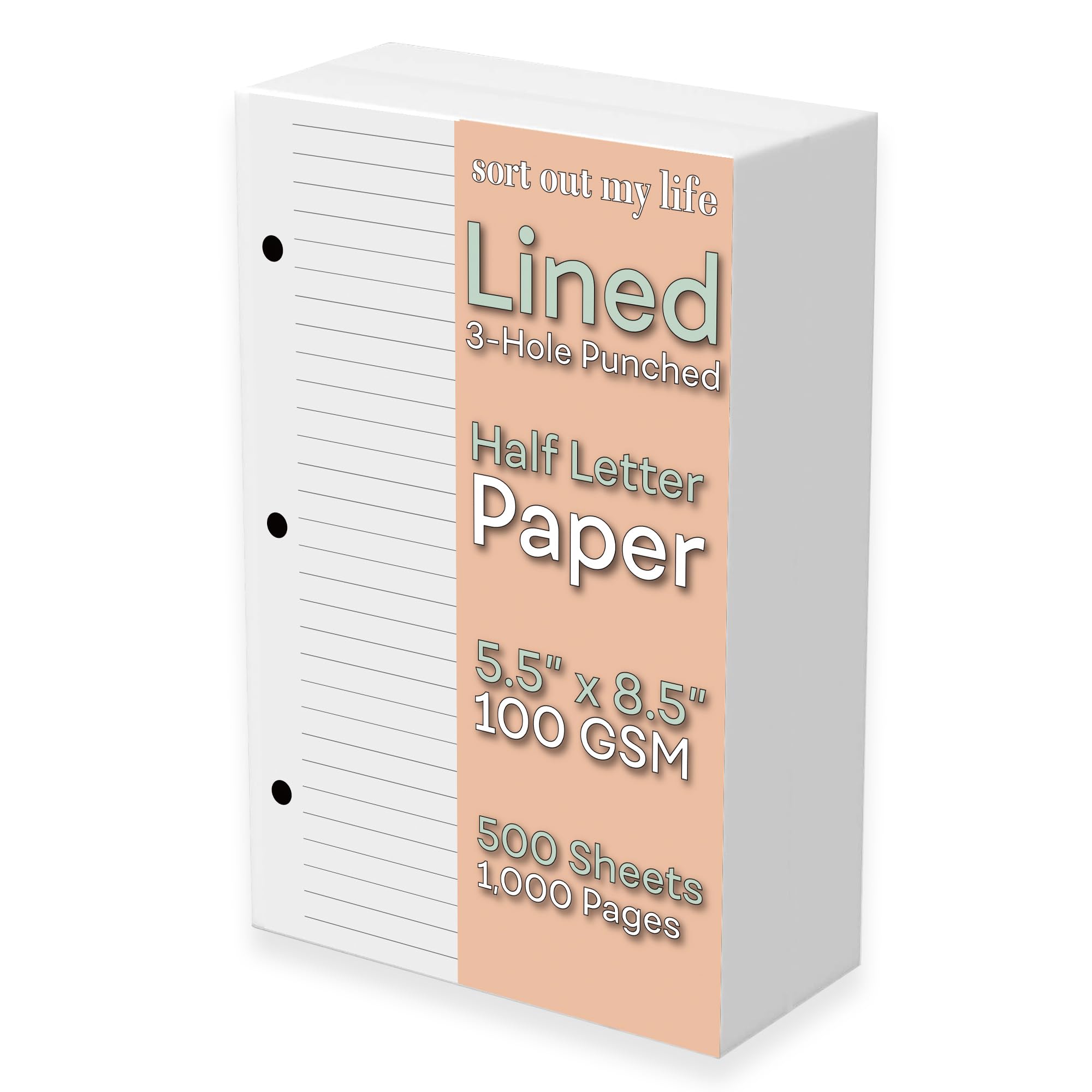 Premium Half Letter Lined Paper - 3-Hole Punched 500 Sheets (1000 Pages) 100 GSM - 5.5
