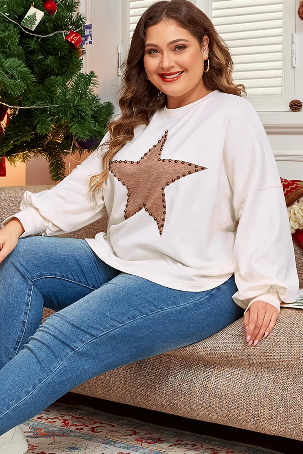 Plus Size Studded Star Round Neck Long Sleeve Blouse for Women - Fashionable & Comfortable Tops for Casual Wear, Office, and Evening Outfits