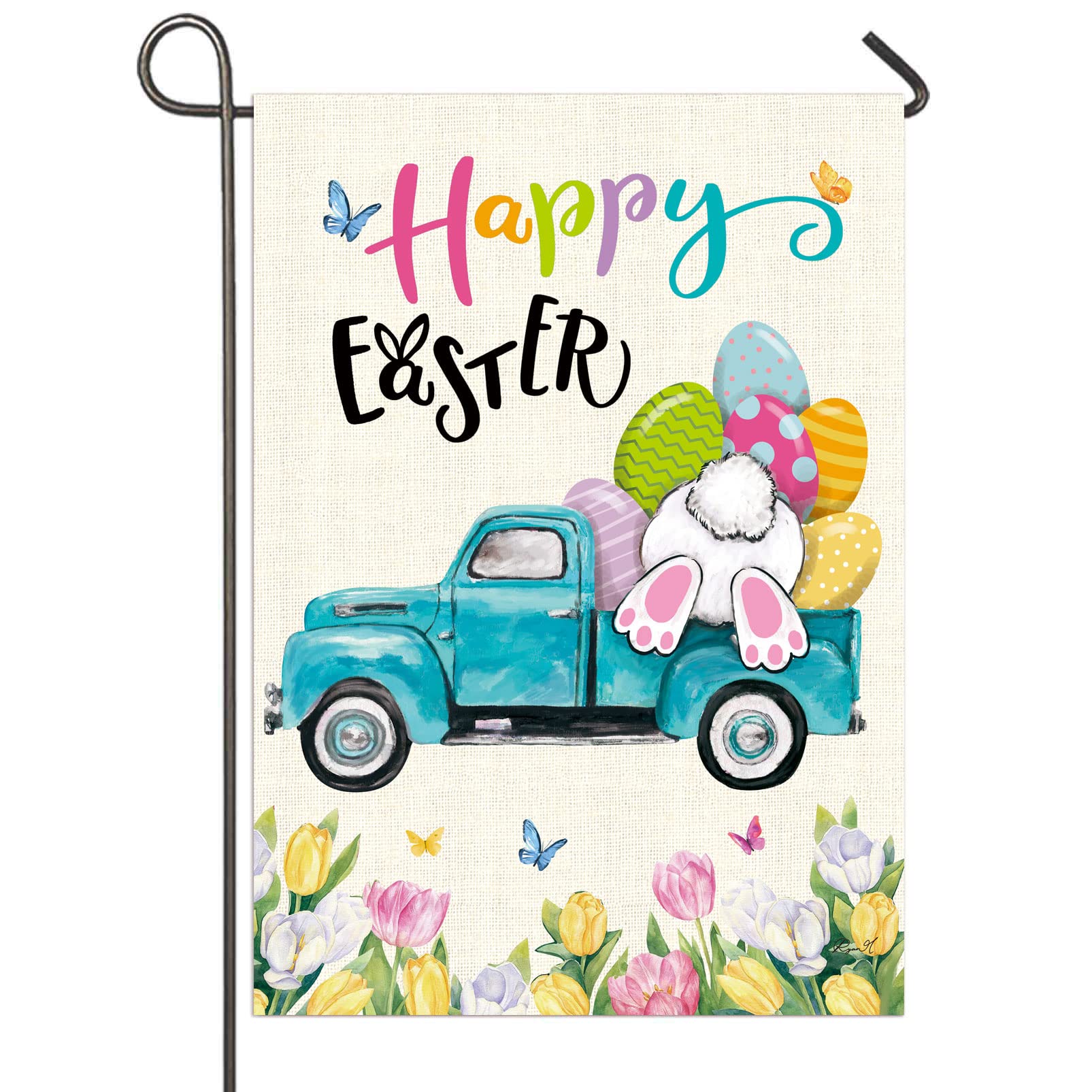 Happy Easter Bunny on Truck Flag - Double Sided Vertical Garden Flag for Indoor/Outdoor Decor - Bunny Tail & Eggs Design - Perfect for Yard, Party & Home Decoration - Great for Easter Celebrations, Spring Festivals & Outdoor Gatherings