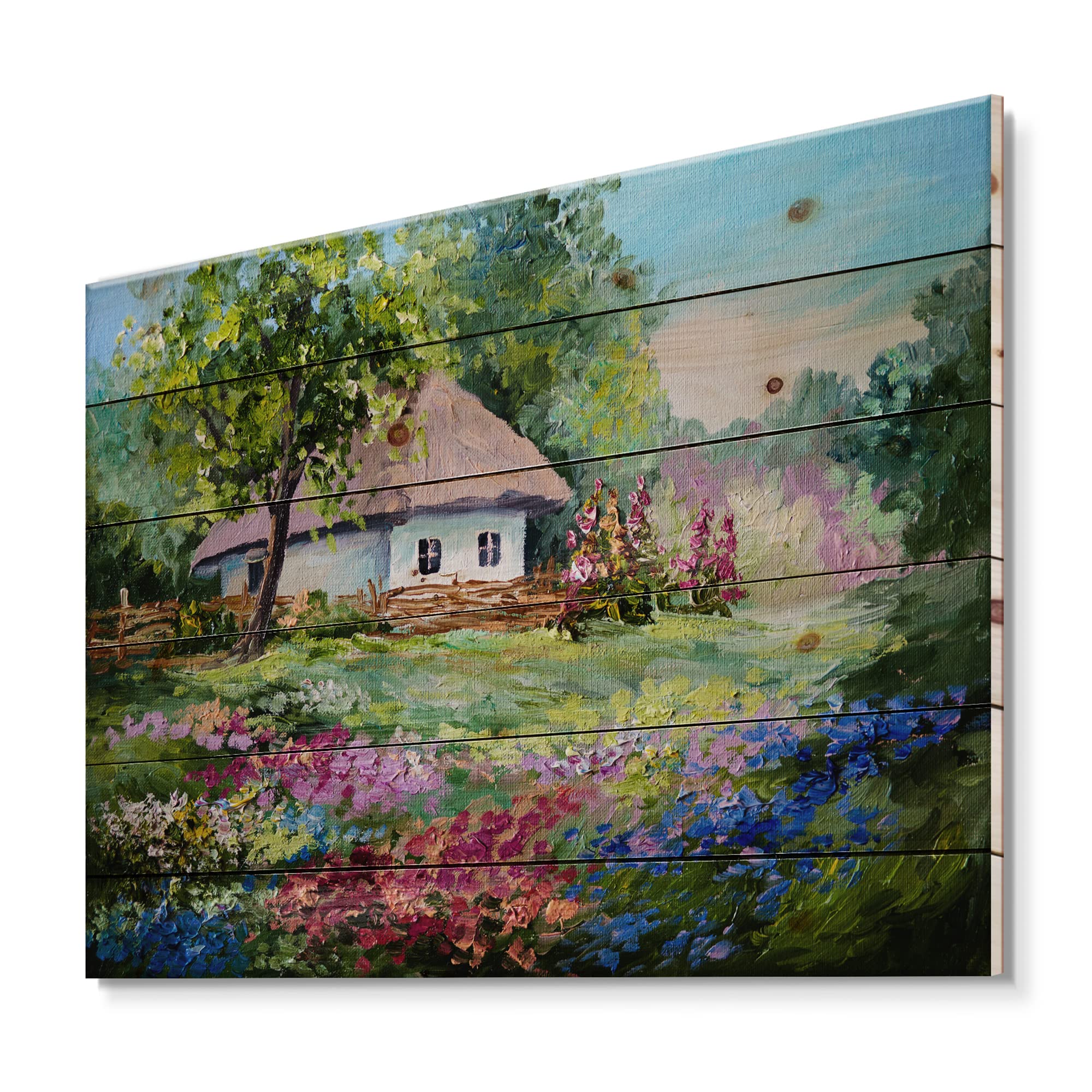 Mountain House with Blossoming Flowers Traditional Wood Wall Decor - Green Landscape Wood Art Panel, Large Pine Wood Wall Hanging for Living Room, Bedroom & Office Decor